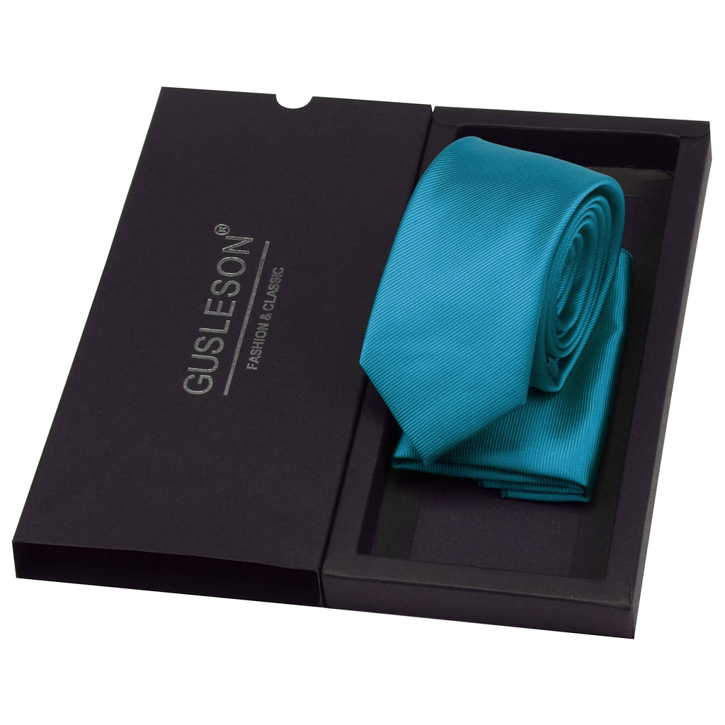 GUSLESON 2.4" Slim Necktie and Handkerchief Set For Men Solid Skinny Tie Set