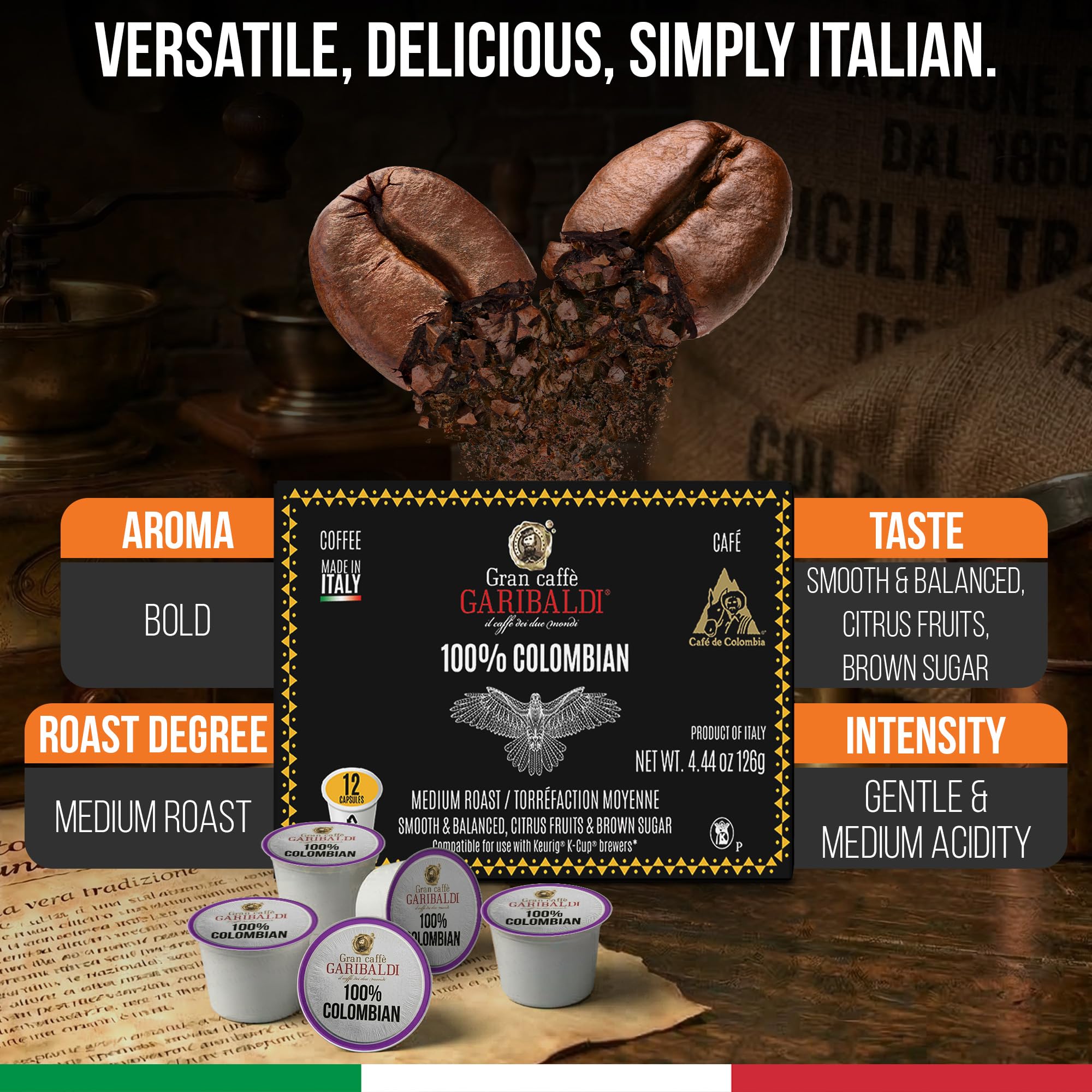Caffè Garibaldi Colombian Coffee Pods, for Keurig K-Cup Brewers, Single Serve Cups with 100% Arabica Blend for Coffee Makers, 12 Count Recyclable Pods - Medium Roast