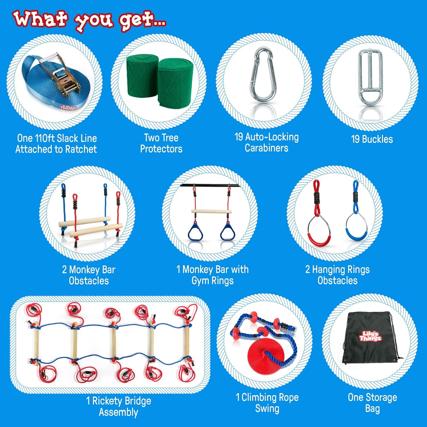 Double Slackline Obstacle Course - 110 Ft Line - Ninja Warrior Course with Monkey Bars for Kids - Patented Double Line Design (110' Ultimate Warrior Set, with Rickety Bridge)