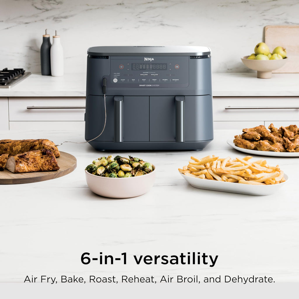 Ninja DZ550 Foodi 10 QT 6-in-1 DualZone Smart XL Air Fryer with 2 Independent Baskets, Smart Cook Thermometer for Perfect Doneness, Match Cook & Smart Finish to Roast, Dehydrate & More, Grey