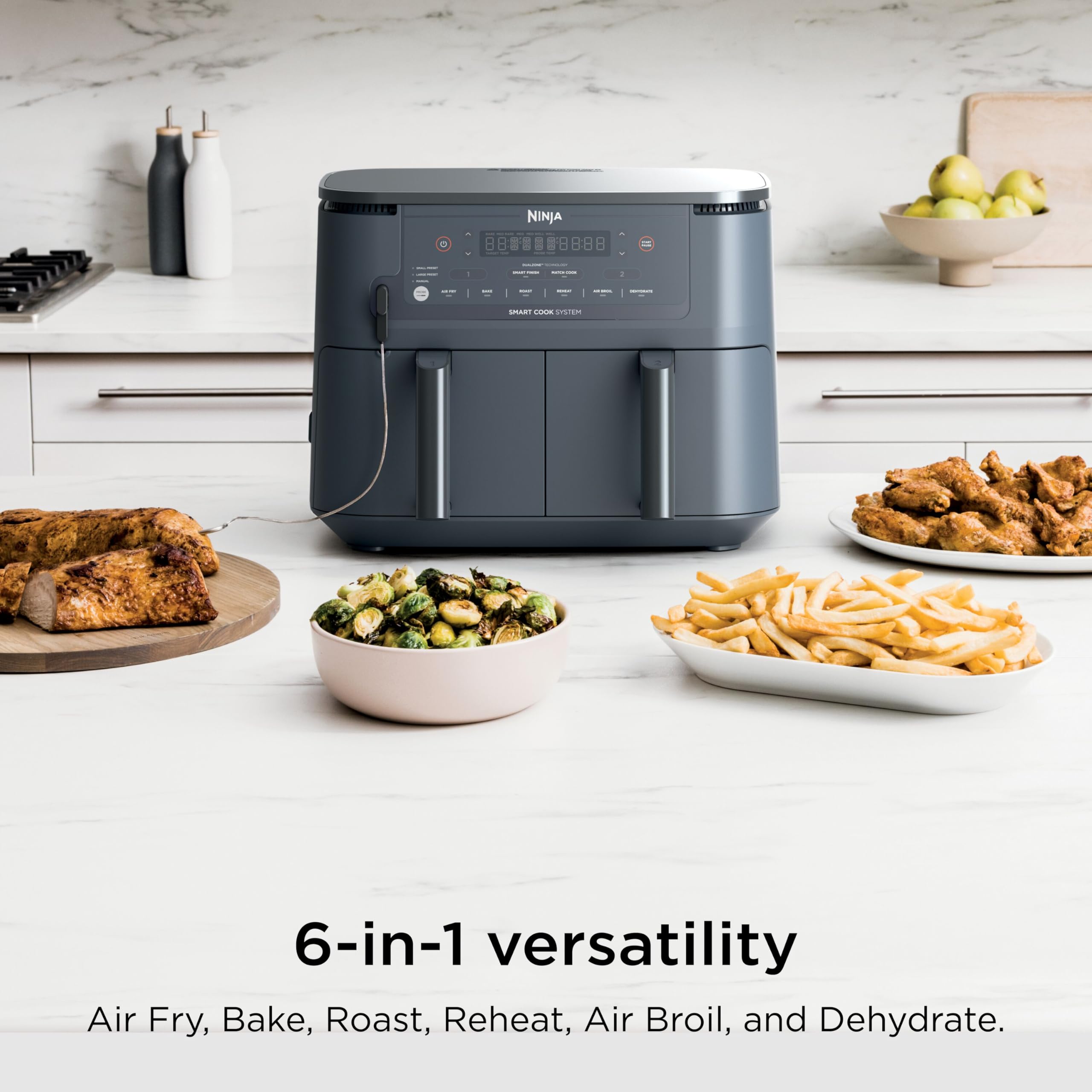 Ninja DZ550 Foodi 10 QT 6-in-1 DualZone Smart XL Air Fryer with 2 Independent Baskets, Smart Cook Thermometer for Perfect Doneness, Match Cook & Smart Finish to Roast, Dehydrate & More, Grey