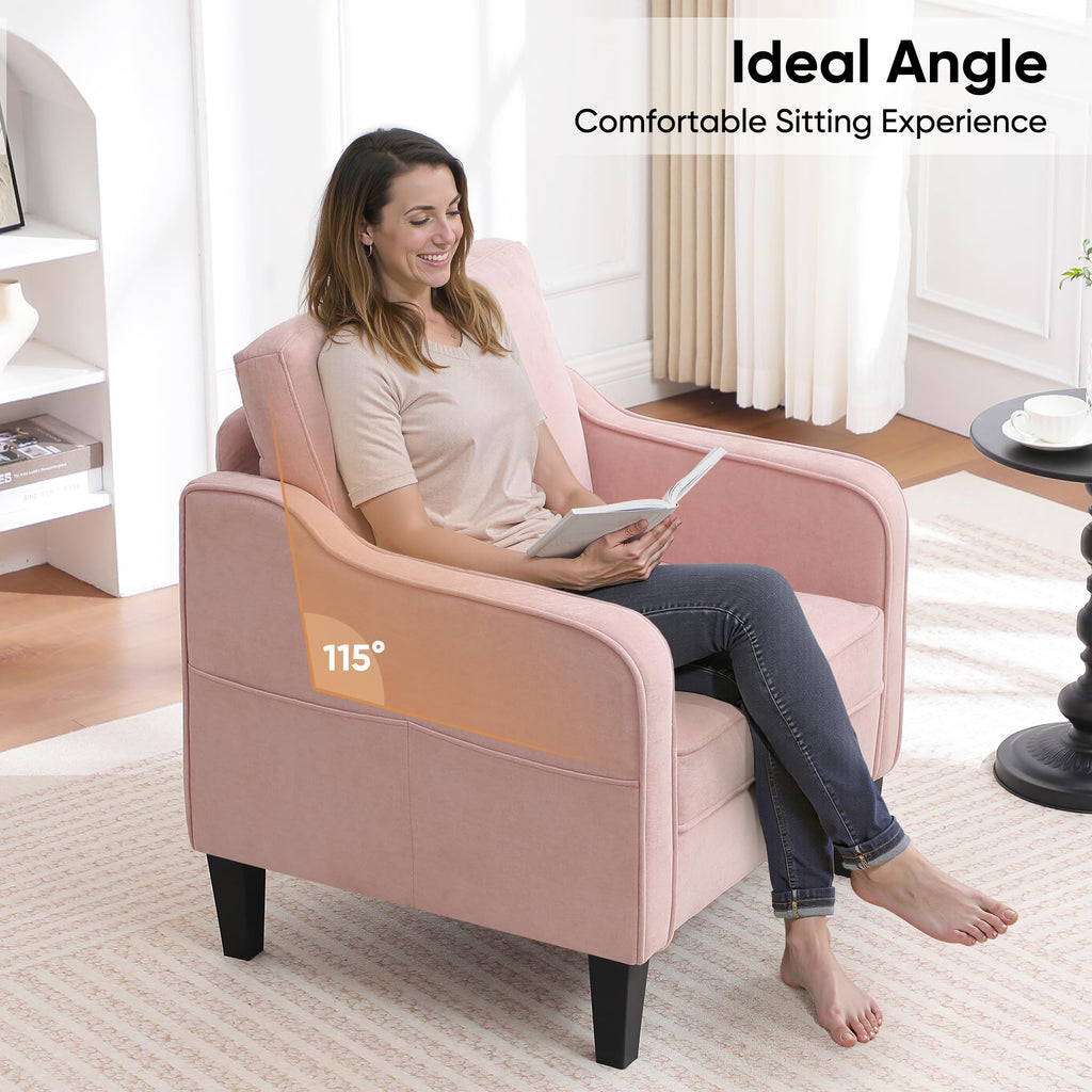 Accent Chair for Living Room, Mid Century Modern Reading Chair for Bedroom, Upholstered Armchair with Side Pockets, Comfy Single Sofa Side Chair for Office, Apartment, Small Room, Beige