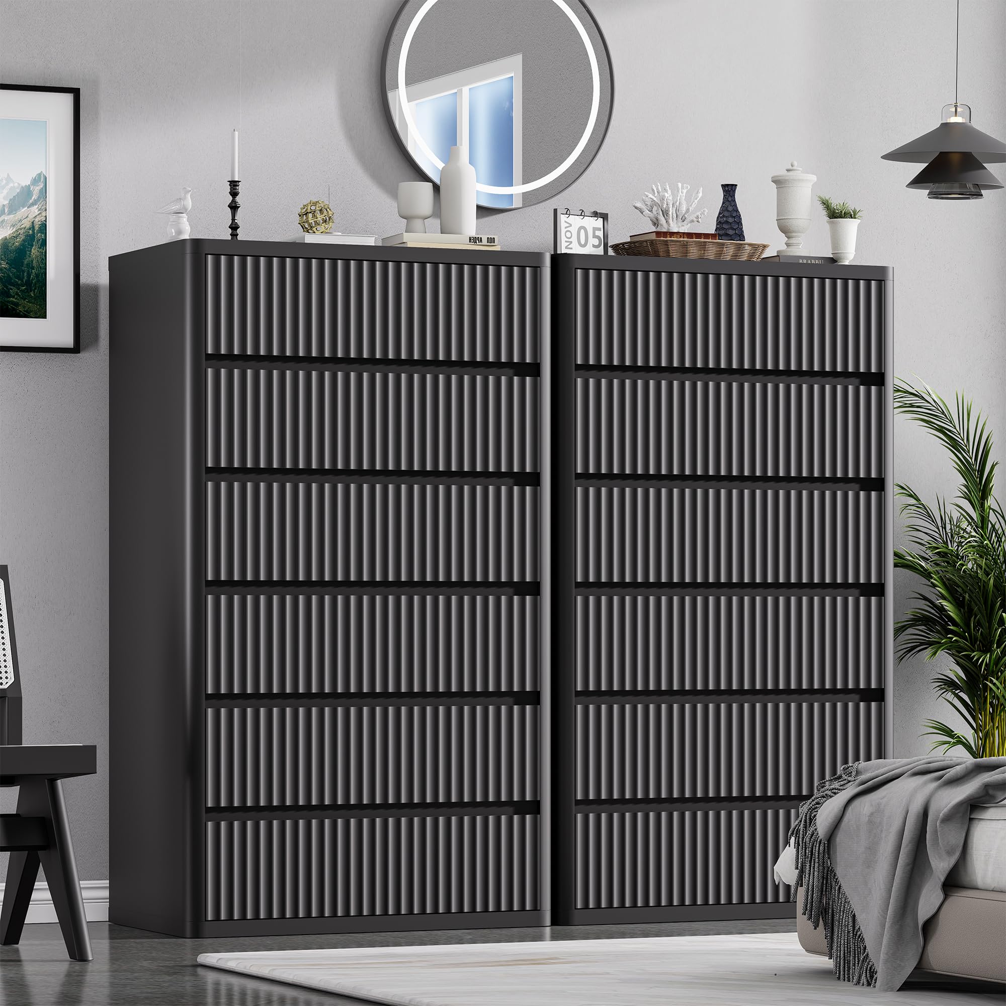 Standifurno Black 56" Tall Dresser for Bedroom, Fluted Modern 6 Drawers Deep Dressers, Wood Chest of Drawers with Handleless, Curved Profil Storage Closet Dressers for Bedroom, Living Room, Hallway