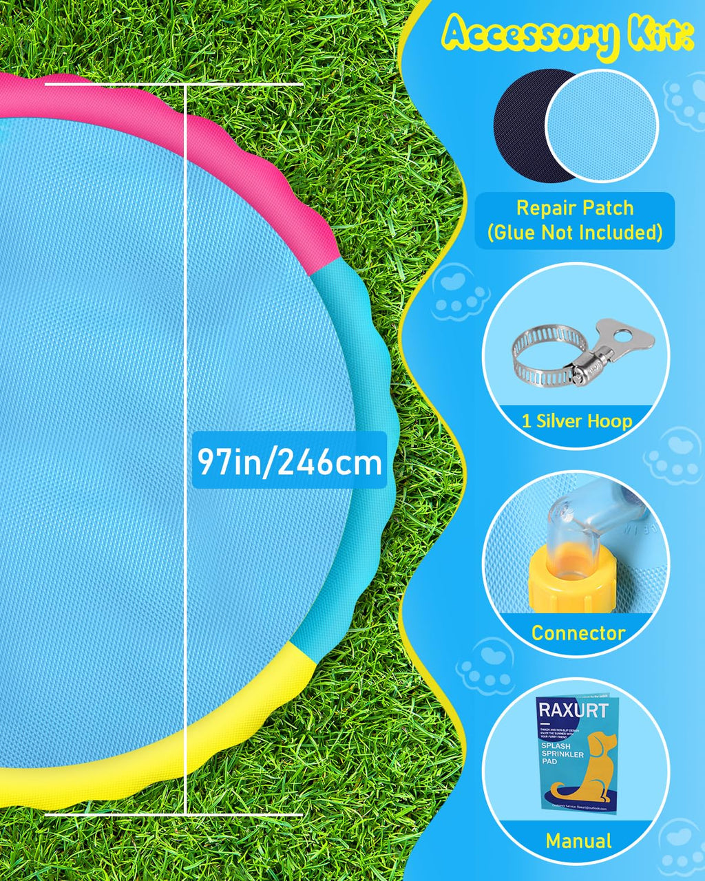 Raxurt Splash Pad, Non-Slip Thicken Splash Pad for Kids Ages 4-8 Toddler Baby Splash Sprinkler Pad Dog Pool Summer Outdoor Water Toys for Boys Girls, 59'' Blue
