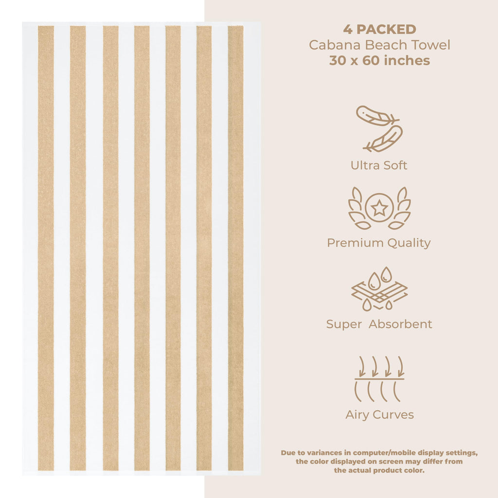 American Soft Linen Cabana Striped Beach Towels, 30x60 inch 4 Piece Oversize Pool Towels, Quick Drying Sand Free Swim Towels, Beige