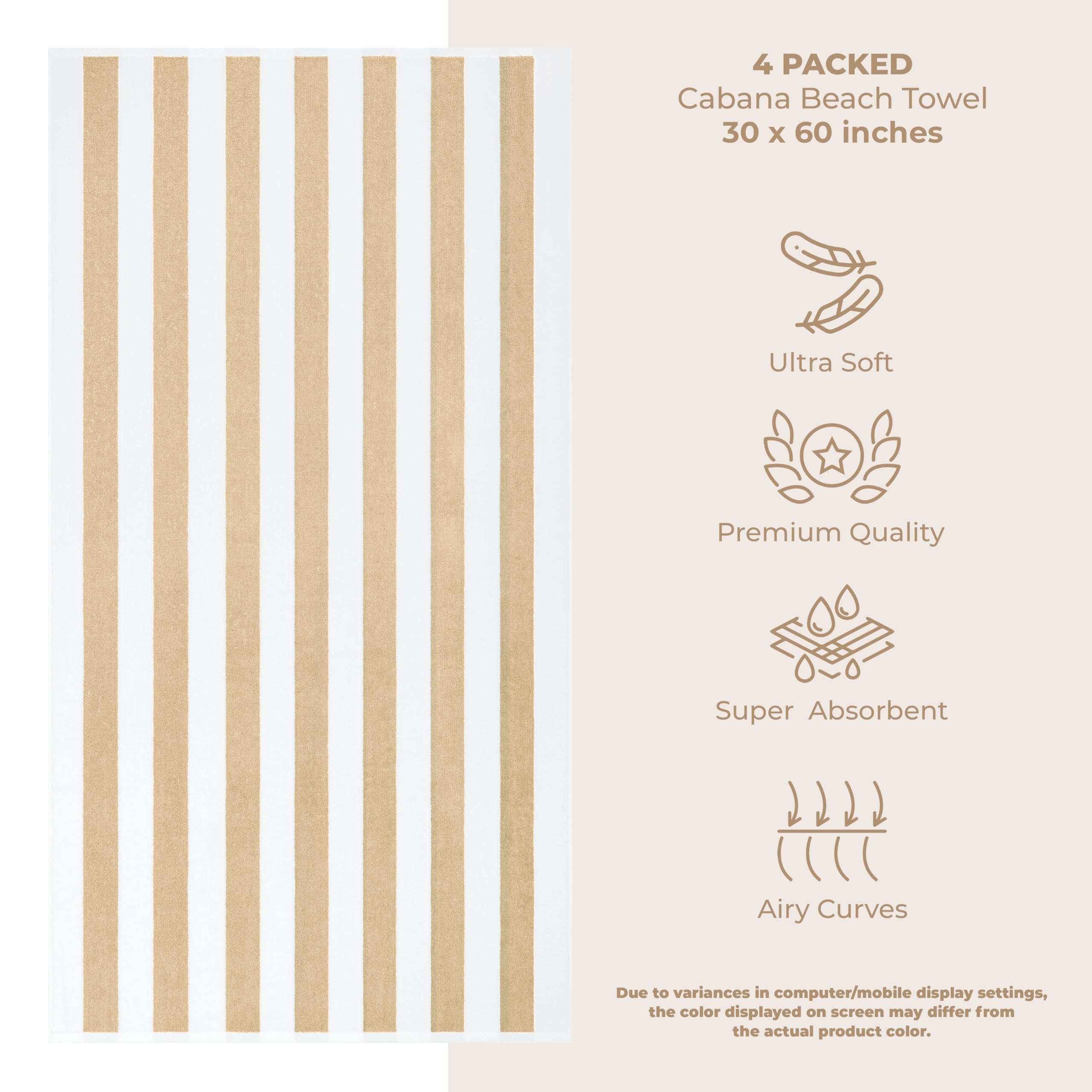 American Soft Linen Cabana Striped Beach Towels, 30x60 inch 4 Piece Oversize Pool Towels, Quick Drying Sand Free Swim Towels, Beige