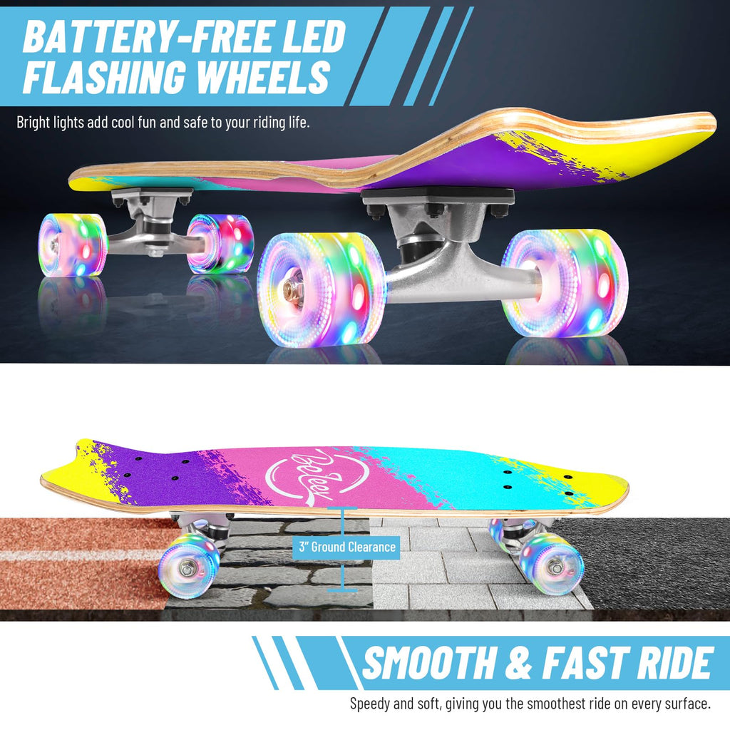 BELEEV Cruiser Skateboards for Beginners, 27 x 8 inch Complete Skateboard for Kids Teens Adults, 7 Ply Canadian Maple Double Kick Deck Concave Skateboard with Skate T-Tool