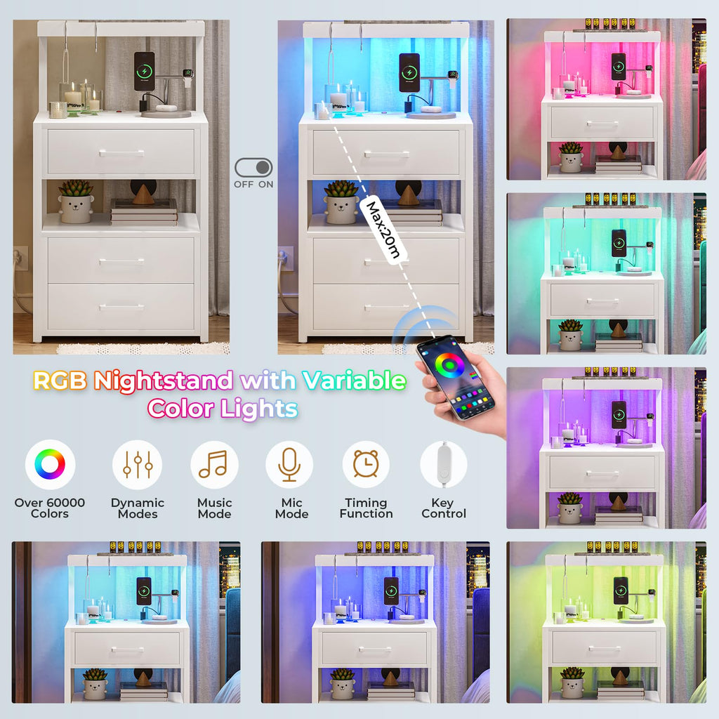 VIAGDO Led Nightstand with Charging Station, 3 Drawers Night Stands with Led Lights, Black Bedside Tables with Storage Shelves, Modern End Side Tables for Bedroom, Office