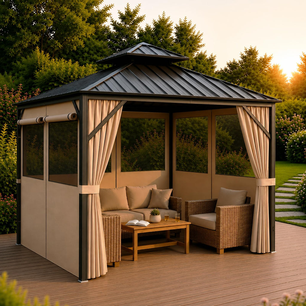 Gazebo Privacy Curtains 10' x 10' with Mosquito Windows, 4-Panels Side Wall with Zipper Universal Replacement for Patio, Outdoor Canopy, Garden and Backyard, Gray (Curtain Only)