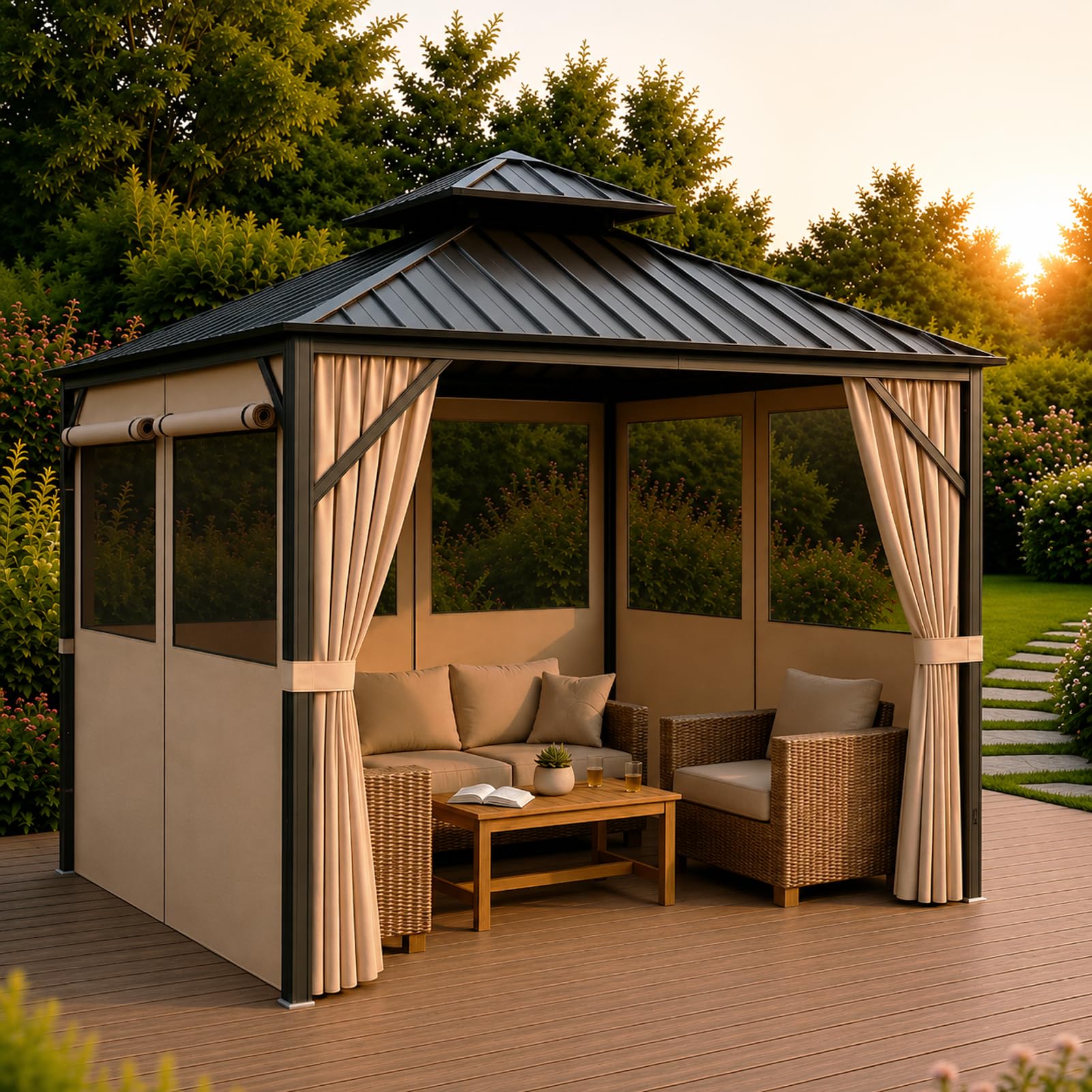 Gazebo Privacy Curtains 10' x 10' with Mosquito Windows, 4-Panels Side Wall with Zipper Universal Replacement for Patio, Outdoor Canopy, Garden and Backyard, Gray (Curtain Only)