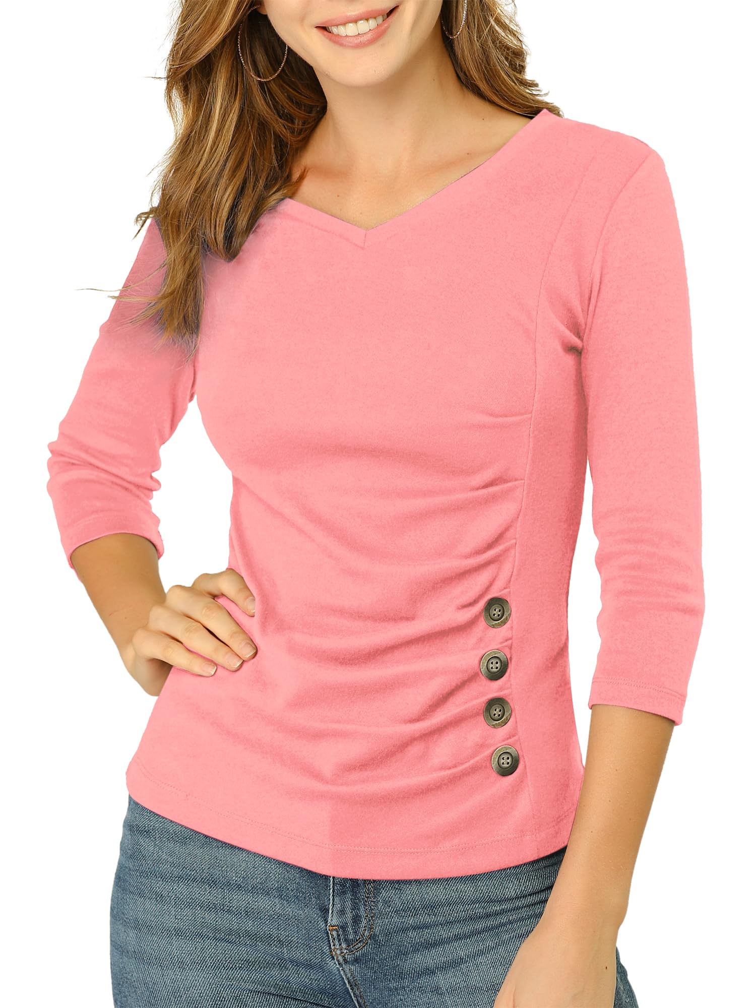 Allegra K Women's V Neck Tops 3/4 Sleeves Solid Knitted Buttons Decor Ruched Blouse