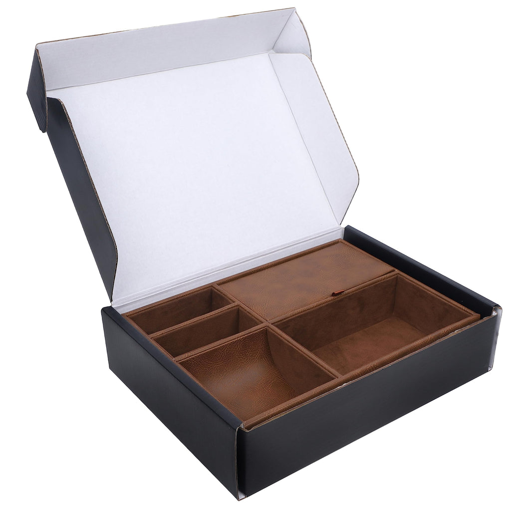 Zcaukya Men's Valet Tray, Jewelry Box Nightstand Organizer with 5 Compartments for Phone Keys Wallet Watch Glasses, Faux Leather Dresser Entryway Catchall Holder for Father's Day Gift (Black)