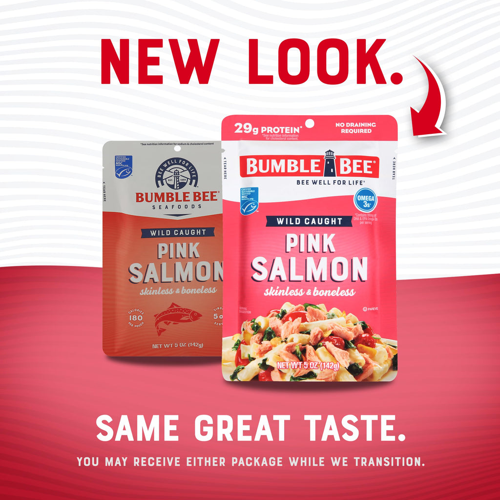 Bumble Bee Skinless & Boneless Pink Salmon, 5 oz Pouch - Premium Wild Caught Salmon for Snacks, Sandwiches & Recipes - 29g Protein per Serving - Gluten Free, Kosher, MSC Certified