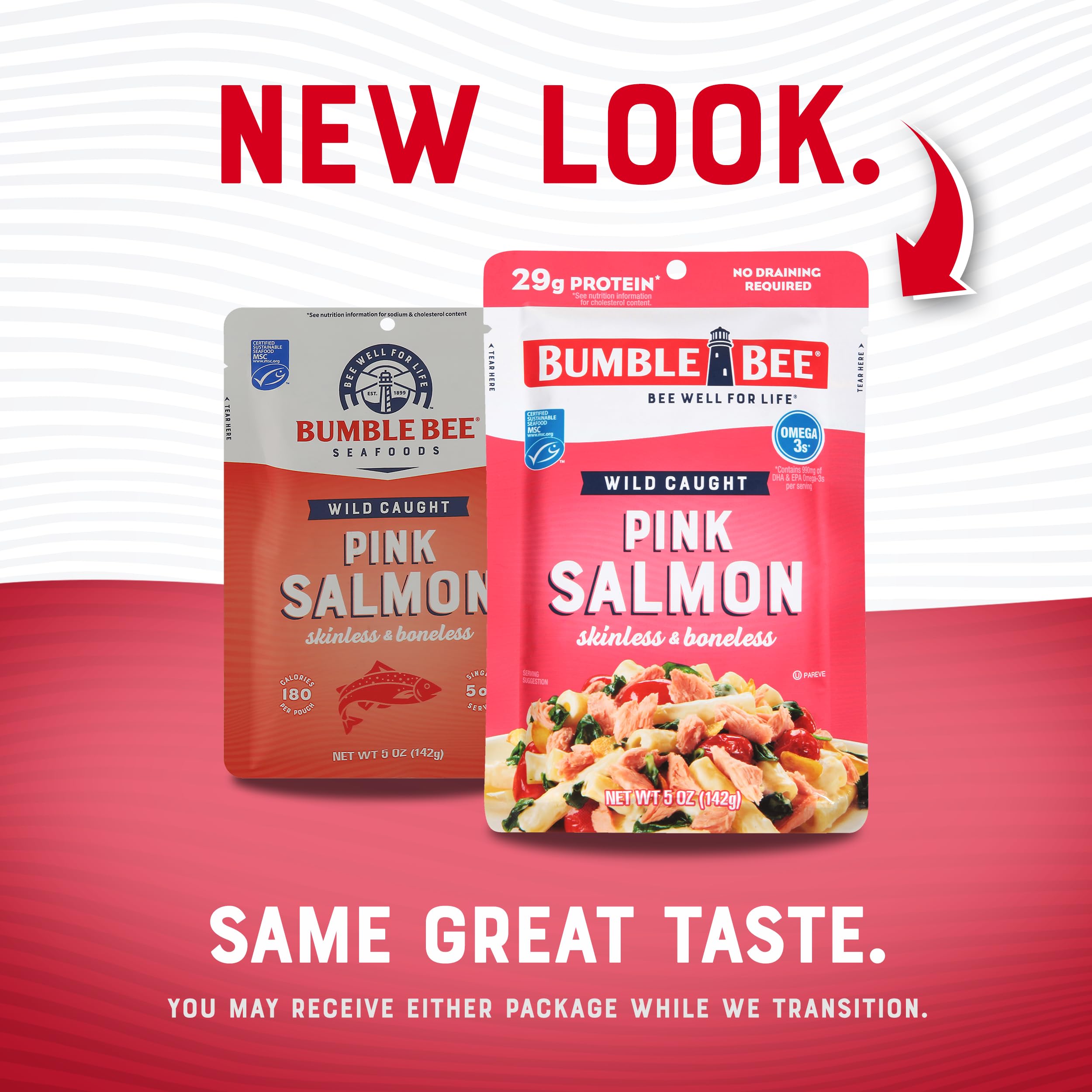 Bumble Bee Skinless & Boneless Pink Salmon, 5 oz Pouch - Premium Wild Caught Salmon for Snacks, Sandwiches & Recipes - 29g Protein per Serving - Gluten Free, Kosher, MSC Certified