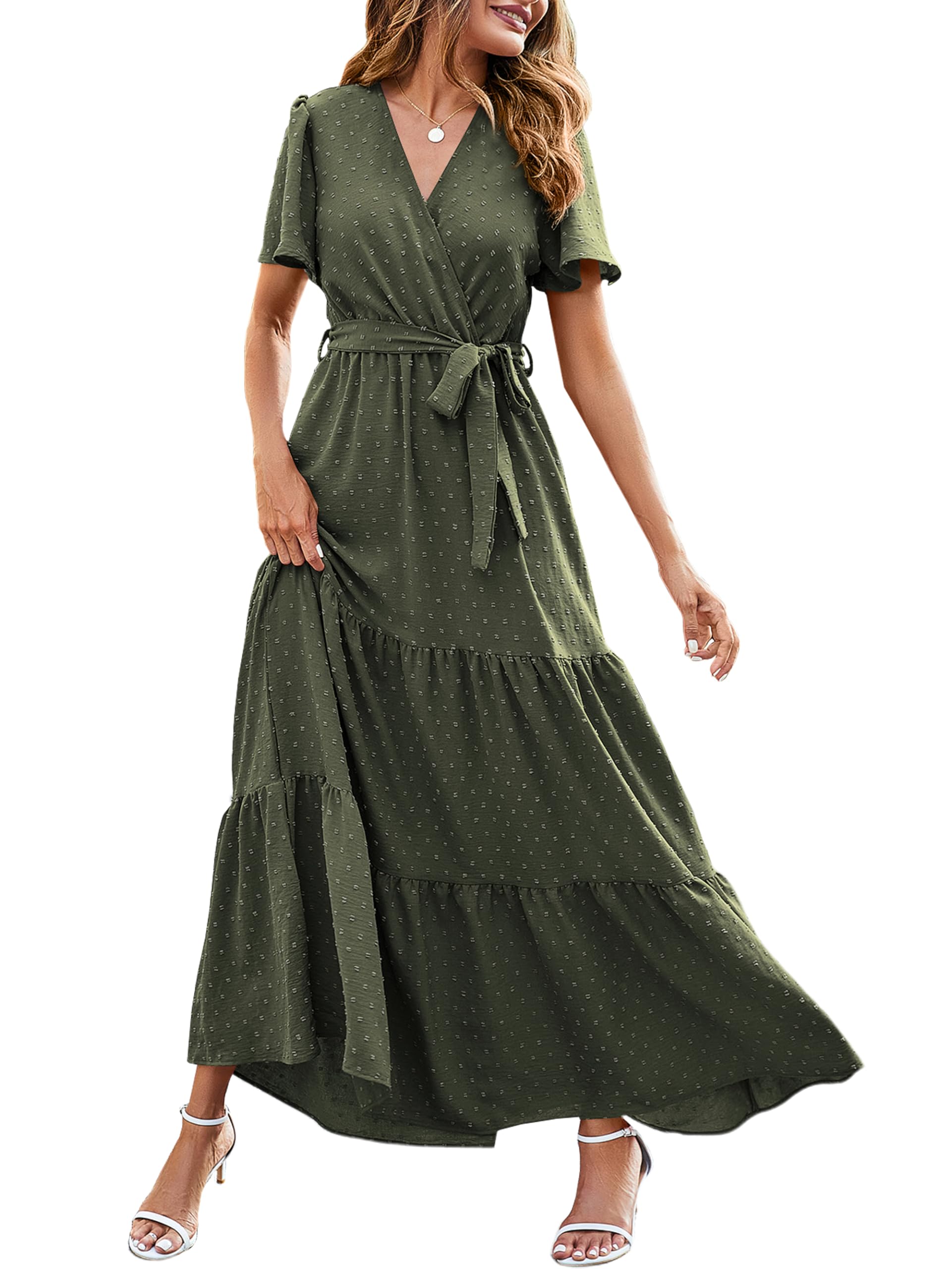 MASCOMODA Womens Summer Swiss Dot Maxi Dresses Wrap V Neck Flutter Short Sleeve Boho Casual Flowy Long Wedding Guest Dress