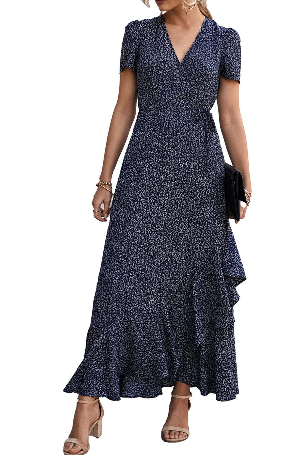 PRETTYGARDEN Women's Boho Floral Maxi Dress Summer Short Sleeve Wrap V Neck Long Flowy Beach Vacation Wedding Guest Dresses