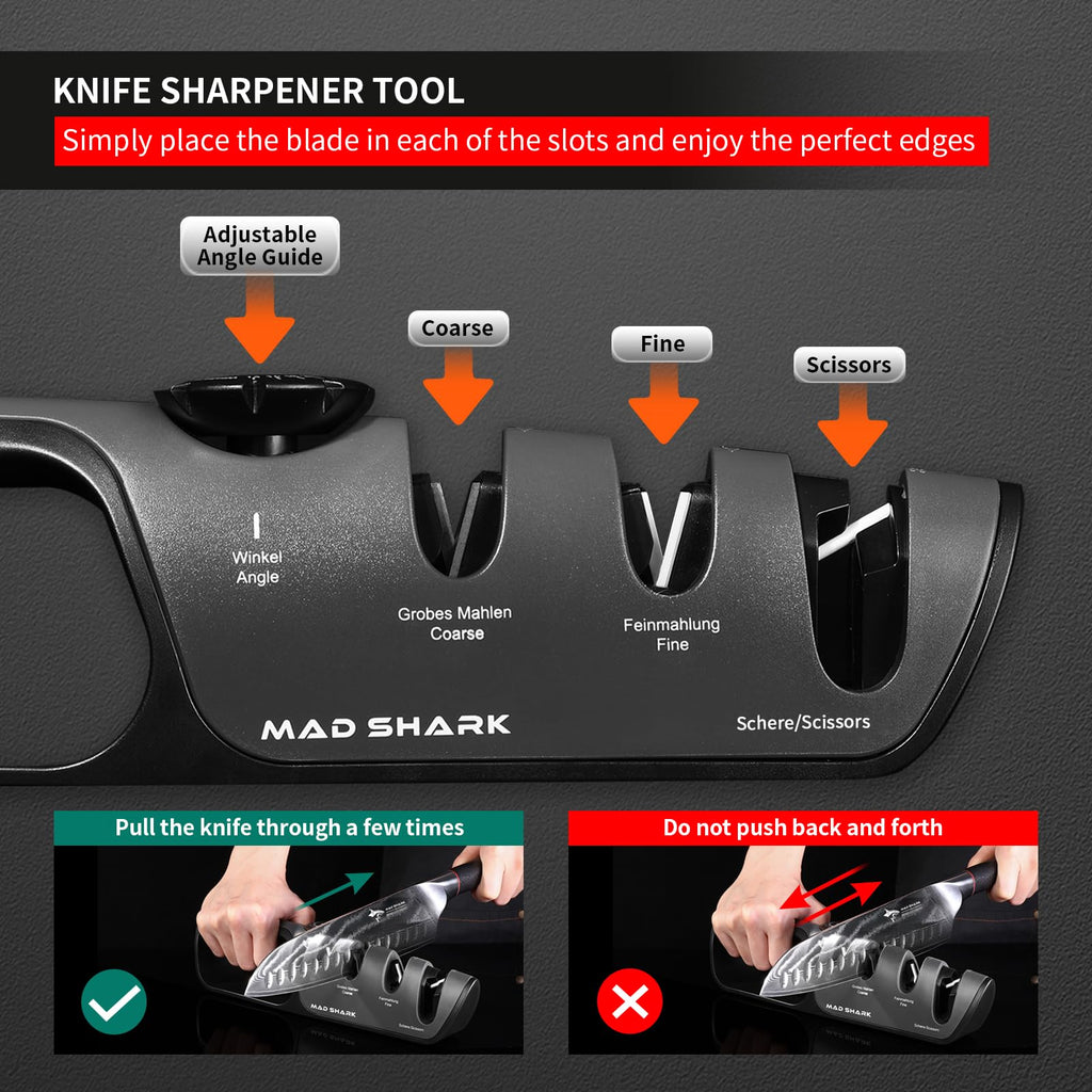 MAD SHARK 1-Button 3-Stage Knife Sharpener - Adjustable Diamond & Ceramic, No-Scratch ABS Body for All Kitchen/Pocket Knives,Repairs, Sharpens & Polishes,One-Handed Operation with Non-Slip Base