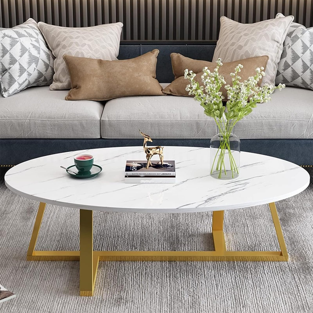 Wolawu Coffee Table Gold Oval Glass Coffee Tables for Living Room,Modern Gold Metal Frame Tea Tables for Small Space, Tempered Glass Top Center Table with Stable Cross Base for Bedroom, Office,Balcony
