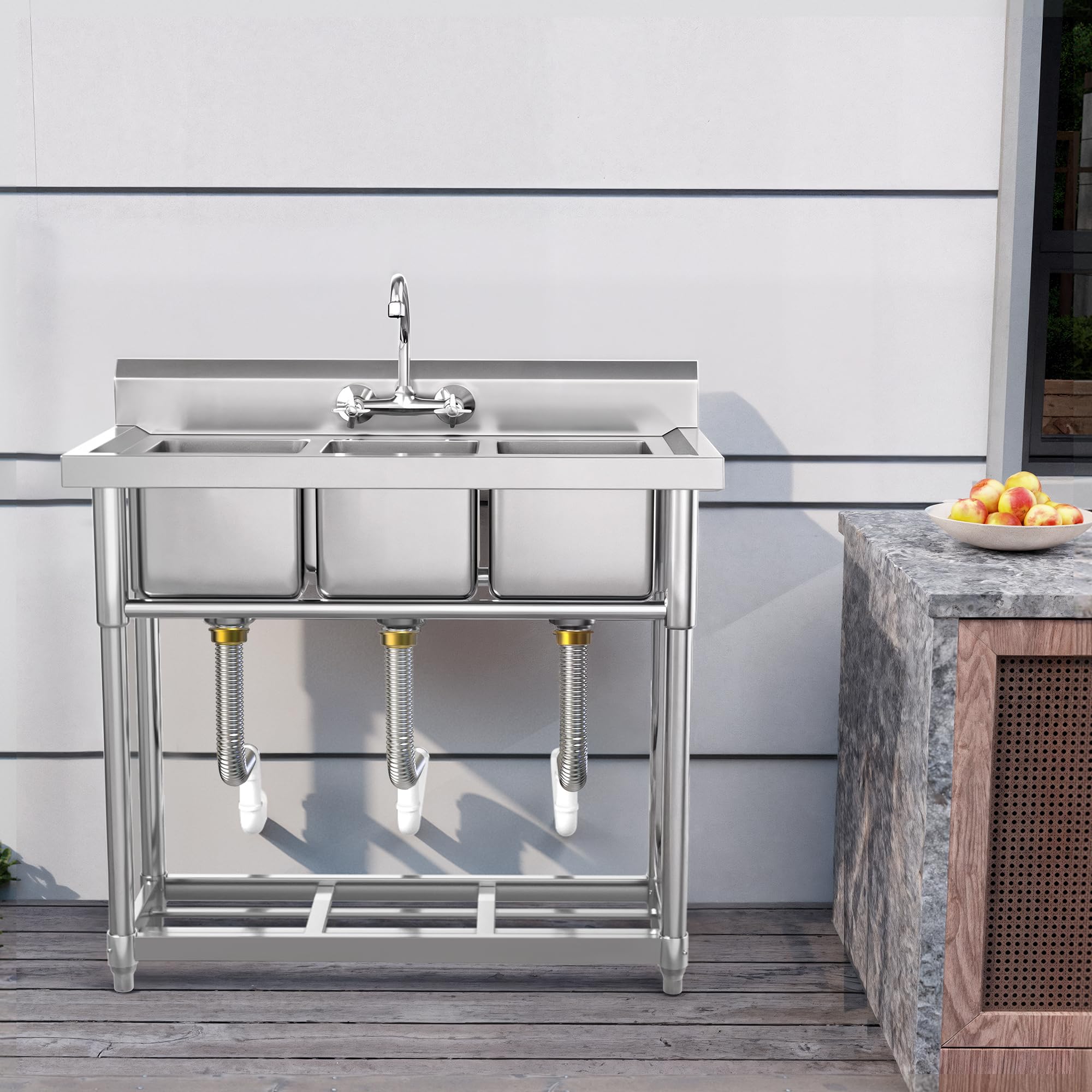 YITAHOME Freestanding Commercial 3 Bay Kitchen Under bar Sink NSF Stainless Steel 3 Compartment Bowl Outdoor Sink with Storage Shelve, Backsplash for Restaurant, Food Truck & Home (39"x 18"x 37")