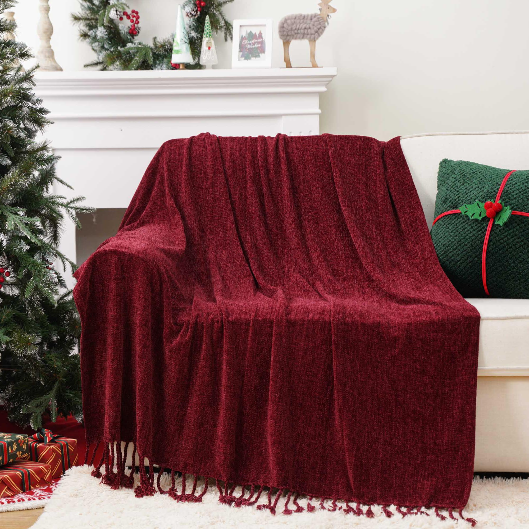 BATTILO HOME Beige Chenille Throw Blanket for Couch, Soft Cozy Textured Knit Throw Blanket with Handmade Fringe Tassels, Lightweight Decorative Farmhouse Blanket for Sofa Bed Chair, 50"x60"