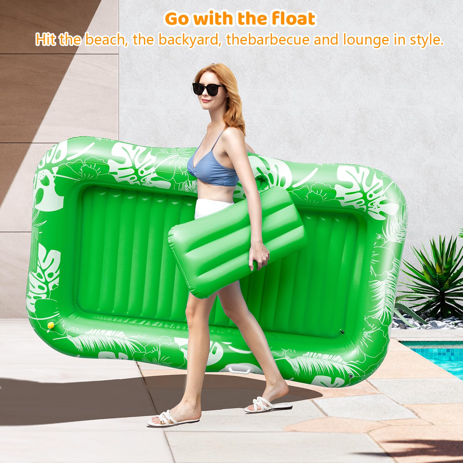 Inflatable Tanning Pool Lounger Float with Sprinkler, 77" x 48" Pool Floats Adult with Pillow, 6 in 1 Suntan Tub Raft Floatie with Drink Holder Sunbathing Water Lounge