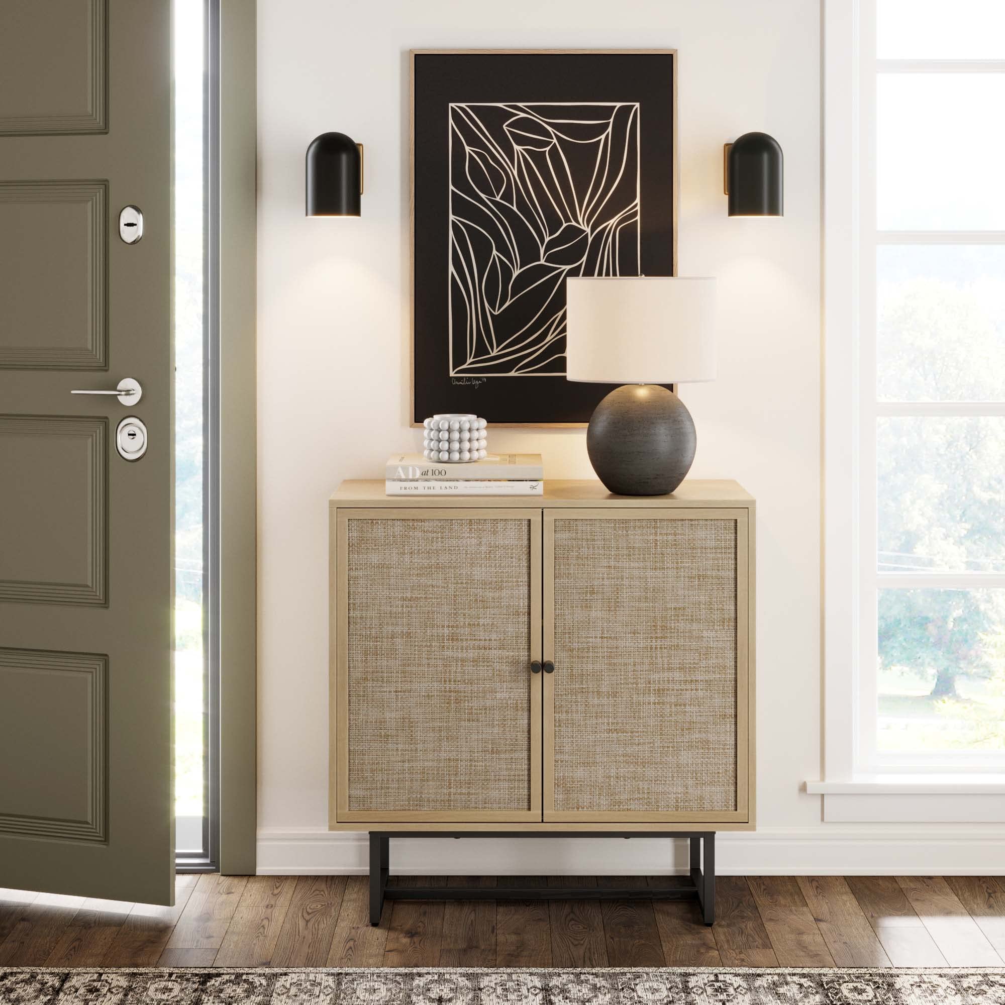 Nathan James Kova Rattan Wood Accent Sideboard Storage Cabinet with Matte Metal Frame, Adjustable Interior Shelves and Cane Doors, for Hallway, Entryway or Living Room, Black Oak/Cane