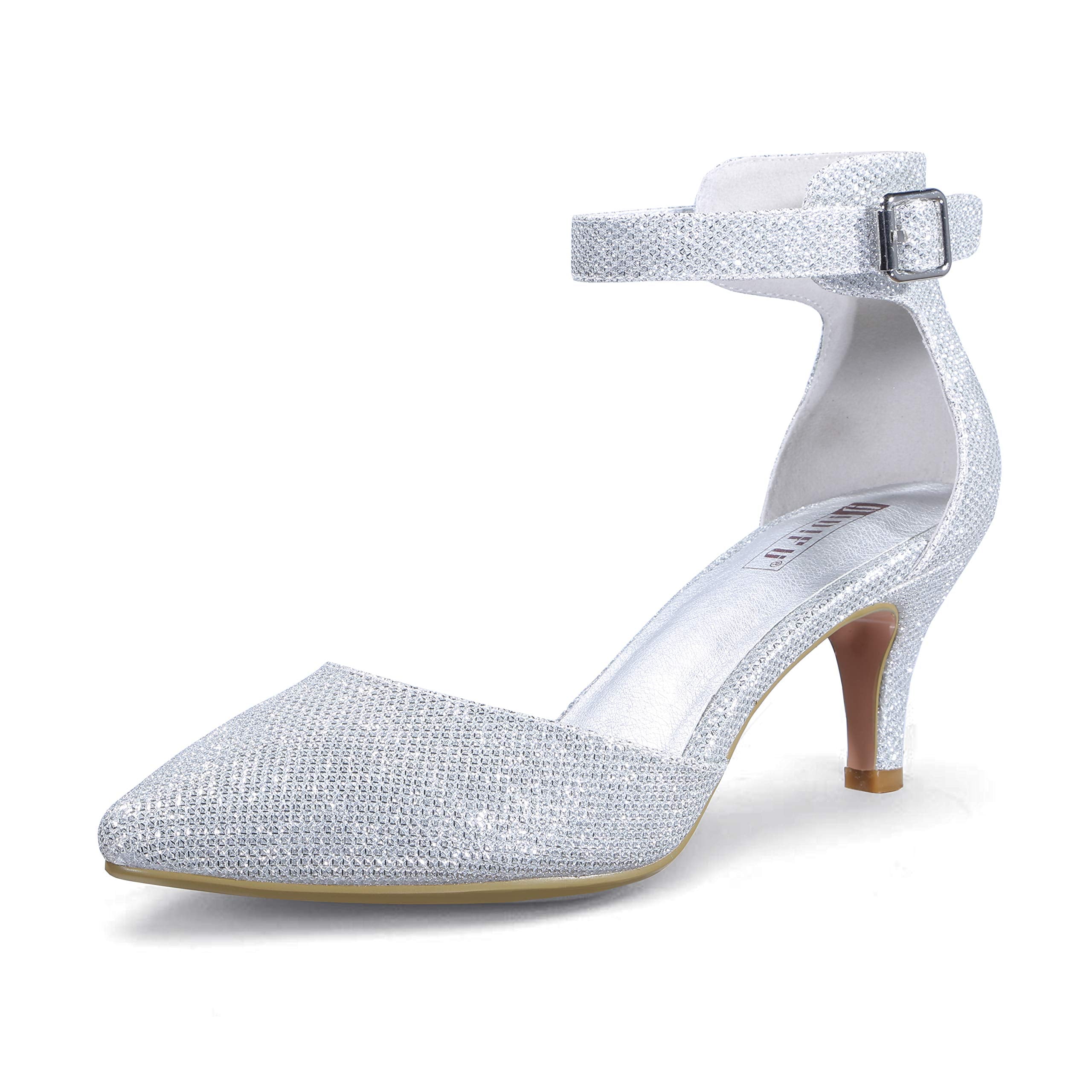 IDIFU Women's IN3 D'Orsay Pumps Low Kitten Heels for Women Dress Shoes Pointed Closed Toe Wedding Bride Ankle Strap Dressy Silver Black Nude White Gold Heels for Women