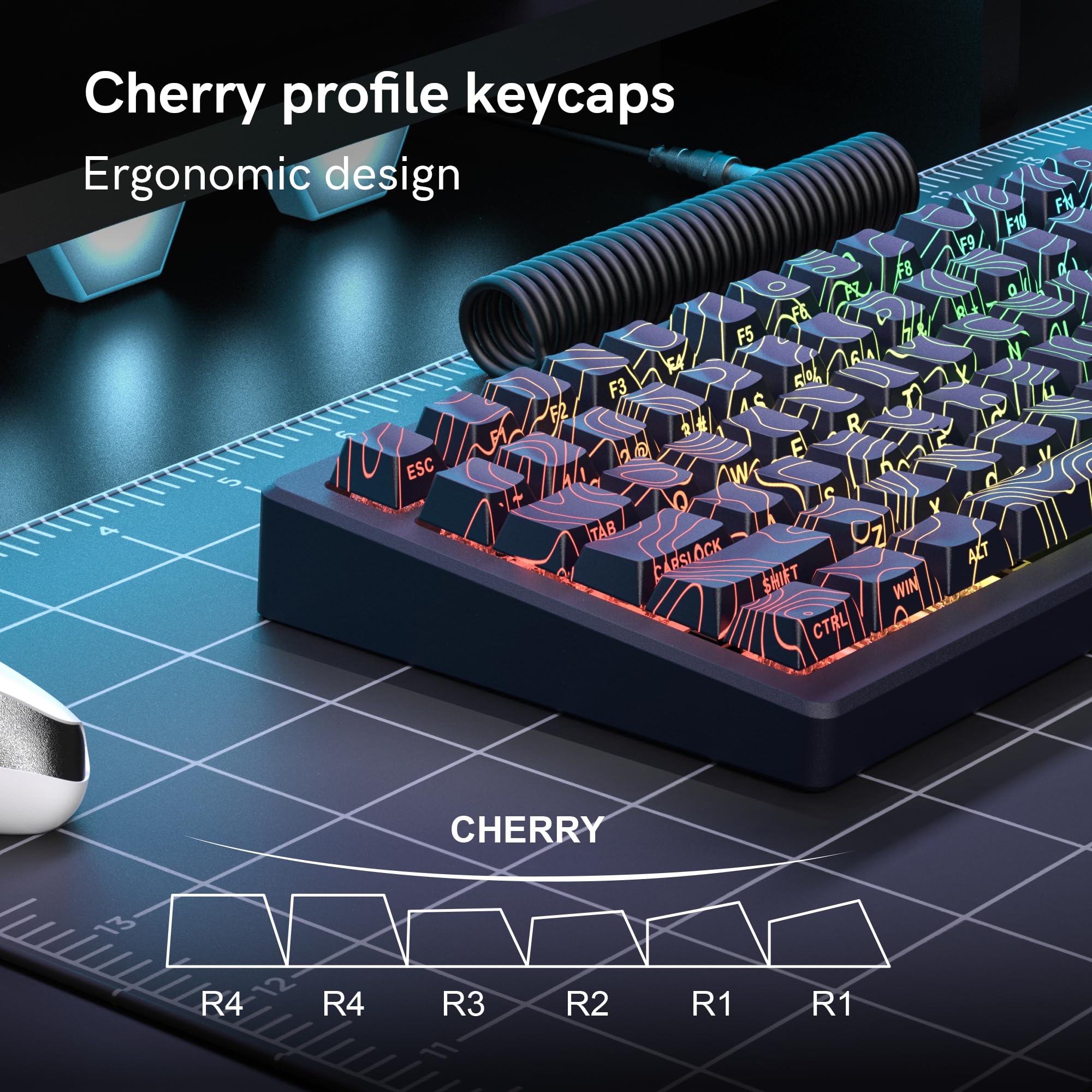 dagaladoo Black Topographic keycaps Double Shot PBT keycaps Shine Through Keyboard Keys Side Printed Key caps Cherry Profile Custom keycap Set for100%, 75%, 65%, 60% US Layout Mechanical Keyboard