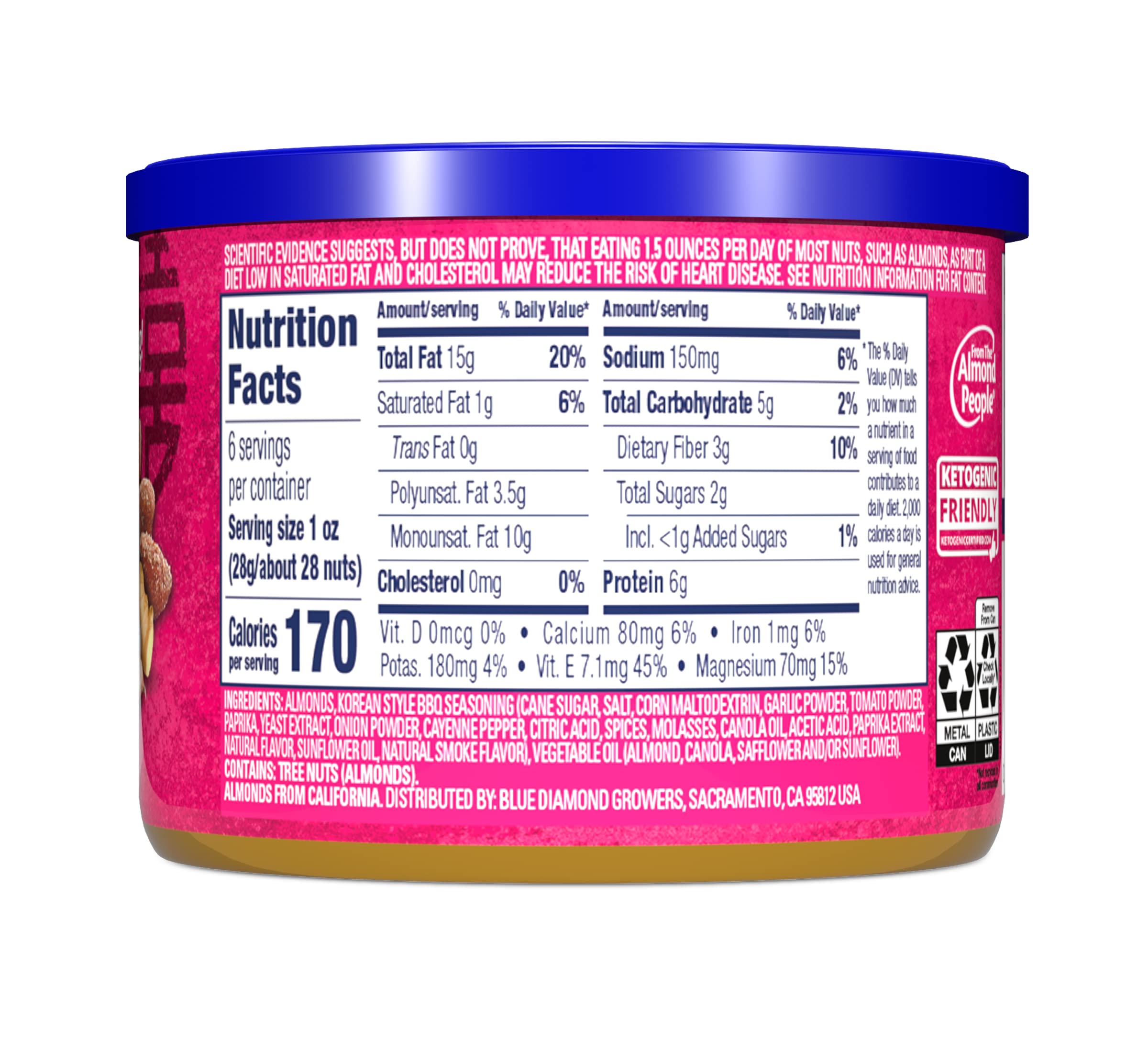 Blue Diamond Almonds Sriracha Flavored Snack Nuts, 6 Oz Resealable Can (Pack of 1)
