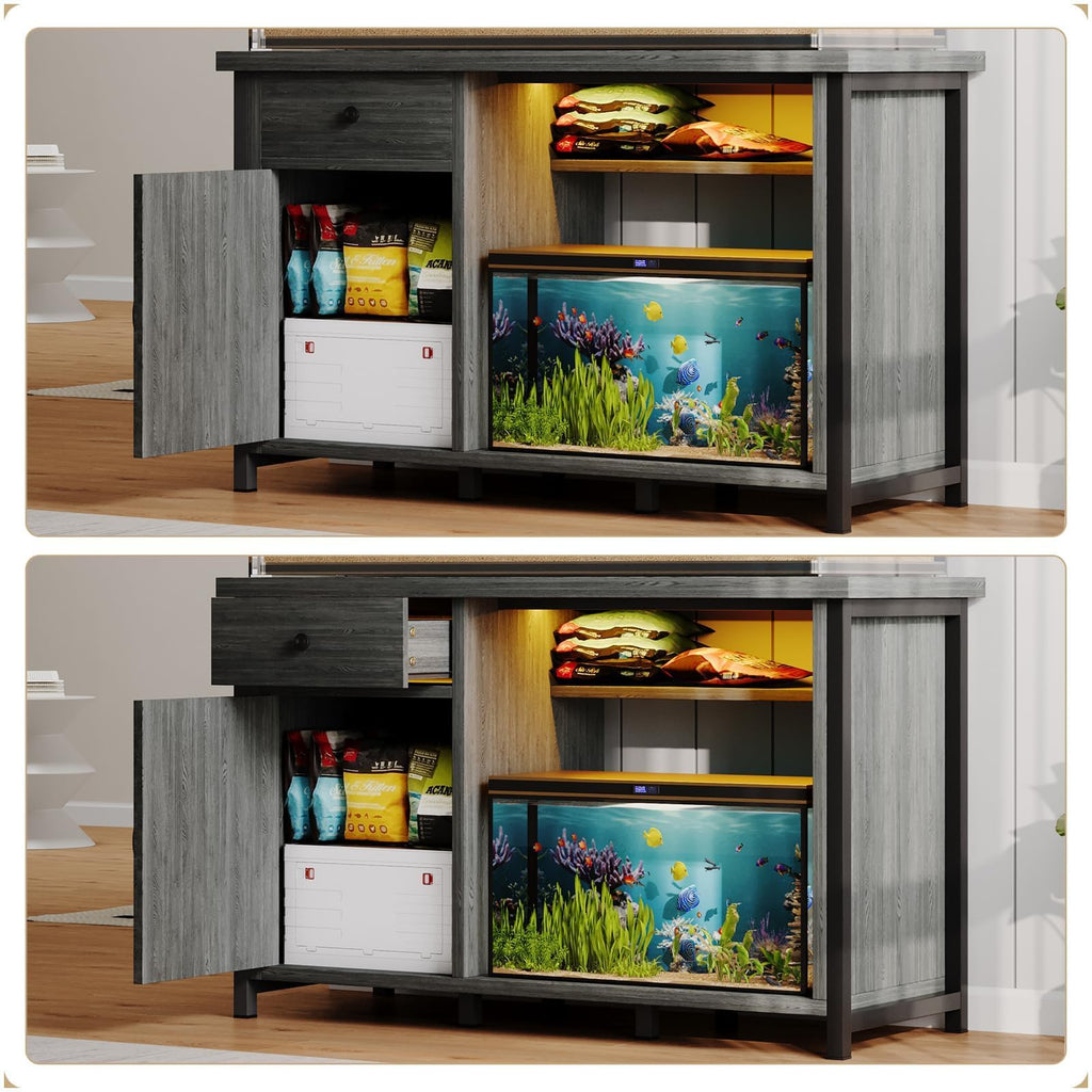 4ever2buy 55-75 Gallon Fish Tank Stand with Power Outlets, LED Light, Heavy Duty Aquarium Stand with Cabinet for Fish Tank Accessories Storage, for Turtle Tank, Reptile Terrarium, 1100LBS, Black