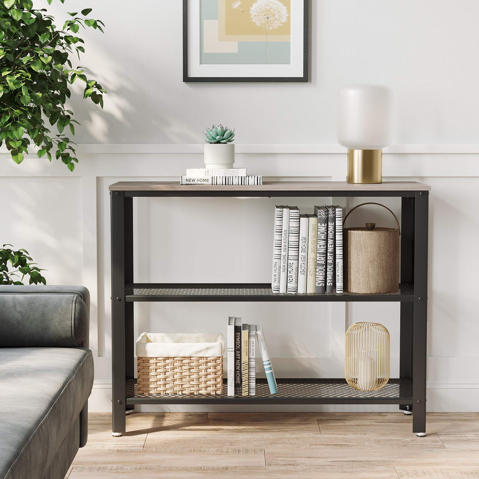 VASAGLE 40" Industrial Console Table, 3 Tier Entryway Table with Storage Shelf, Narrow Sofa Table for Living Room, Hallway, Entrance Hall, Corridor, Bedroom, Greige and Black ULNT081B02