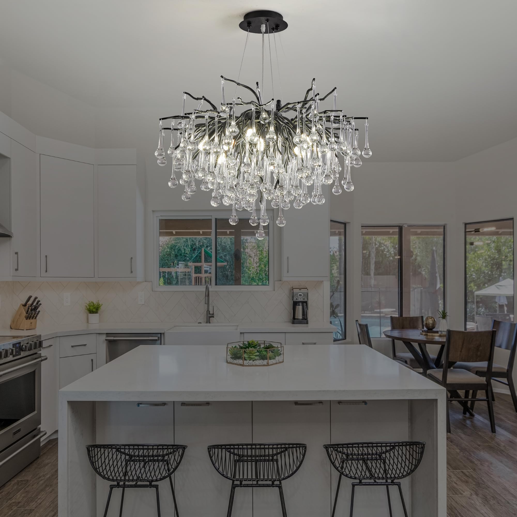 Modern Crystal Raindrop Chandelier, L40'' Black Linear Rectangle Art Deco Tree Branch Lighting Fixture for Kitchen Island Living Room Foyer Staircase 10 Lights