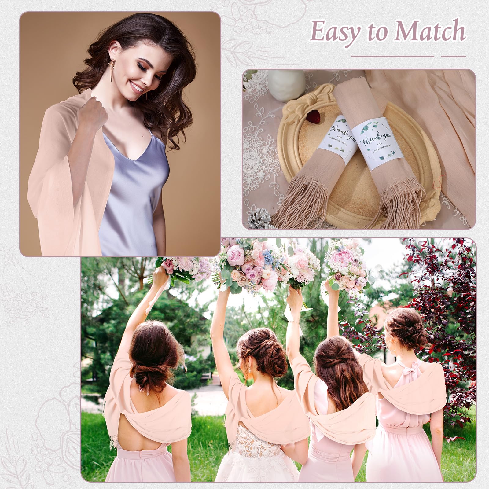 Ramede 50/100 Bulk Wedding Shawl Scarf for Women 79 x 28 Guests Shawl Wraps Gifts for Women Bridal Shawls with Thank Cards
