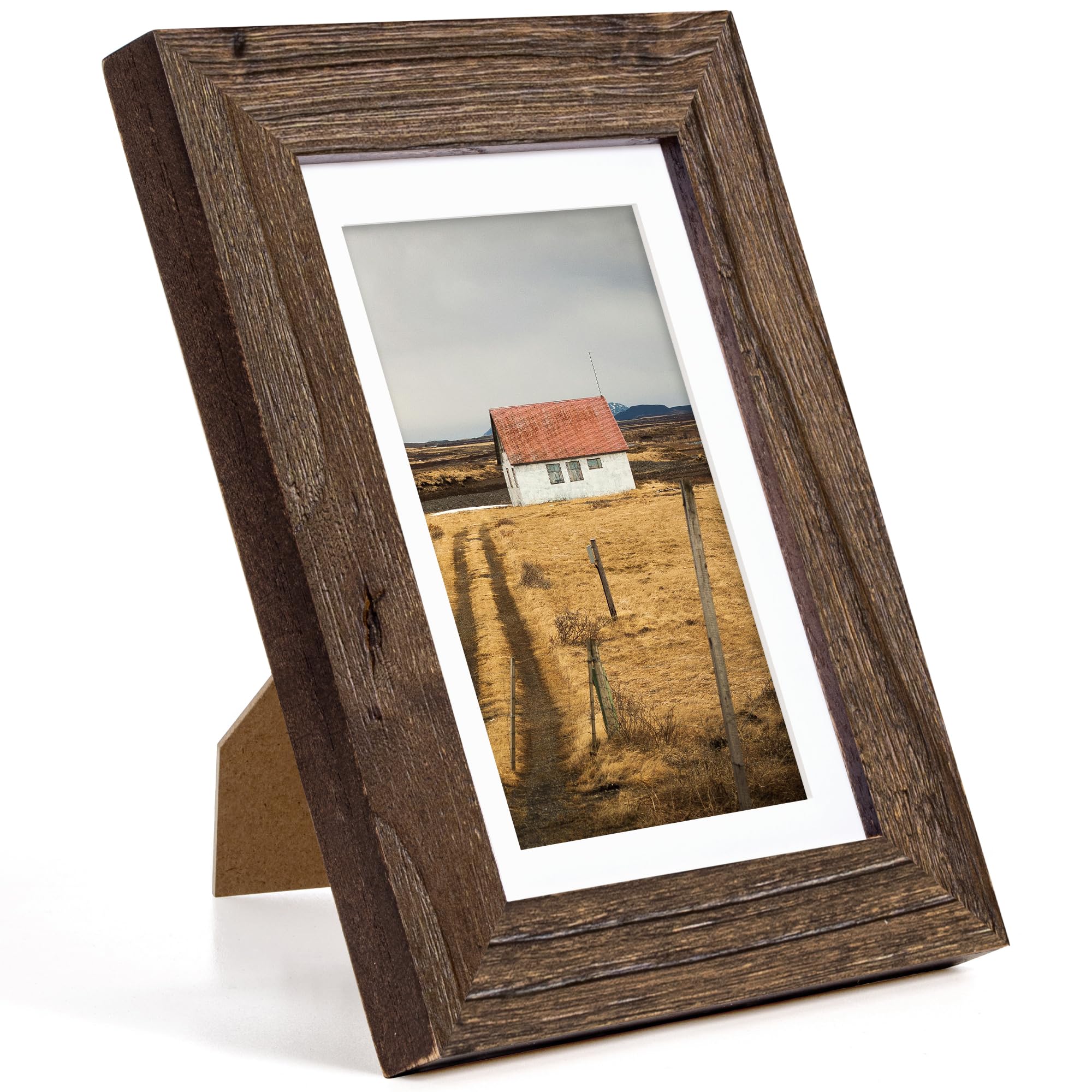 Fun Memories 5x7 Picture Frame with Mat for 4x6 Photo, Solid Elm Wood & Tempered Glass, Rustic Wall & Tabletop Display Frame, Grey, 1 Pack