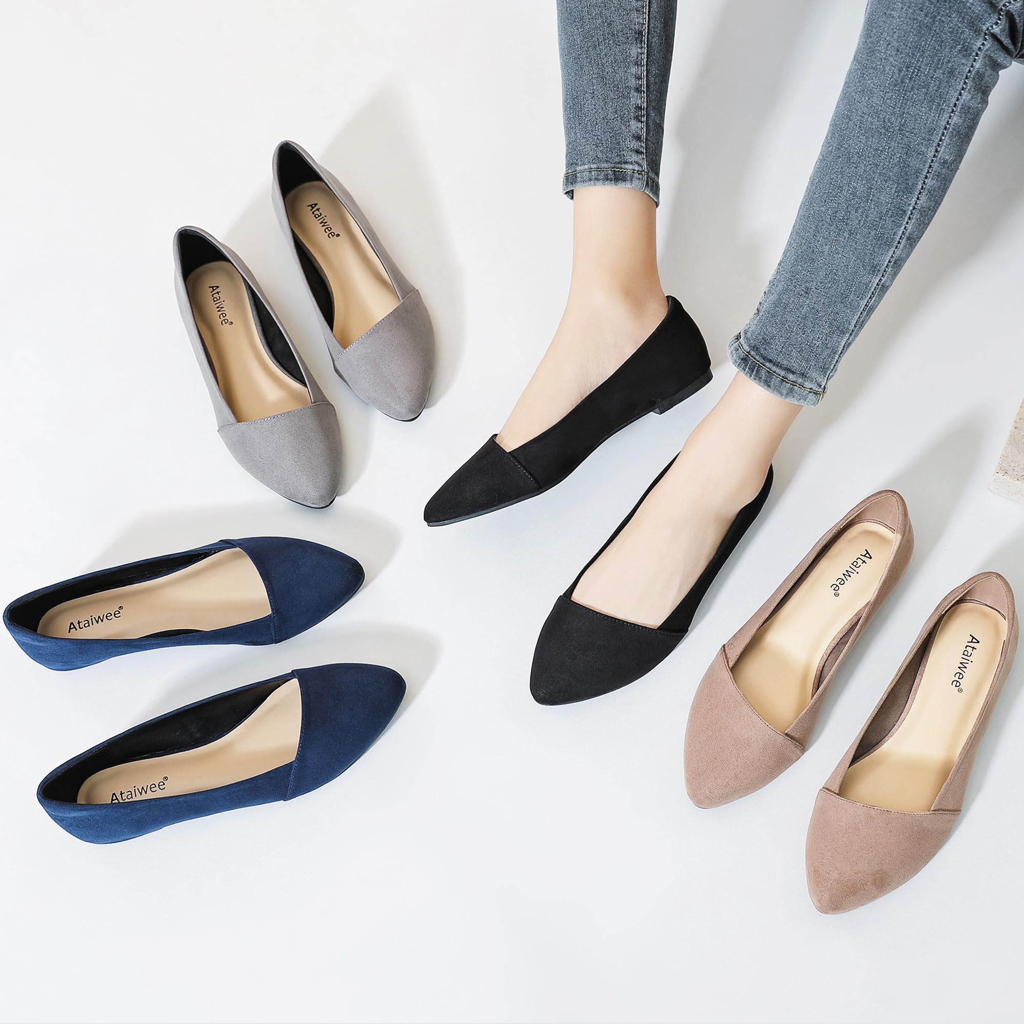 Ataiwee Women's Wide Width Ballet Flats - Stylish Pointed Toe Suede, Soft Comfortable Non-slip Sole.