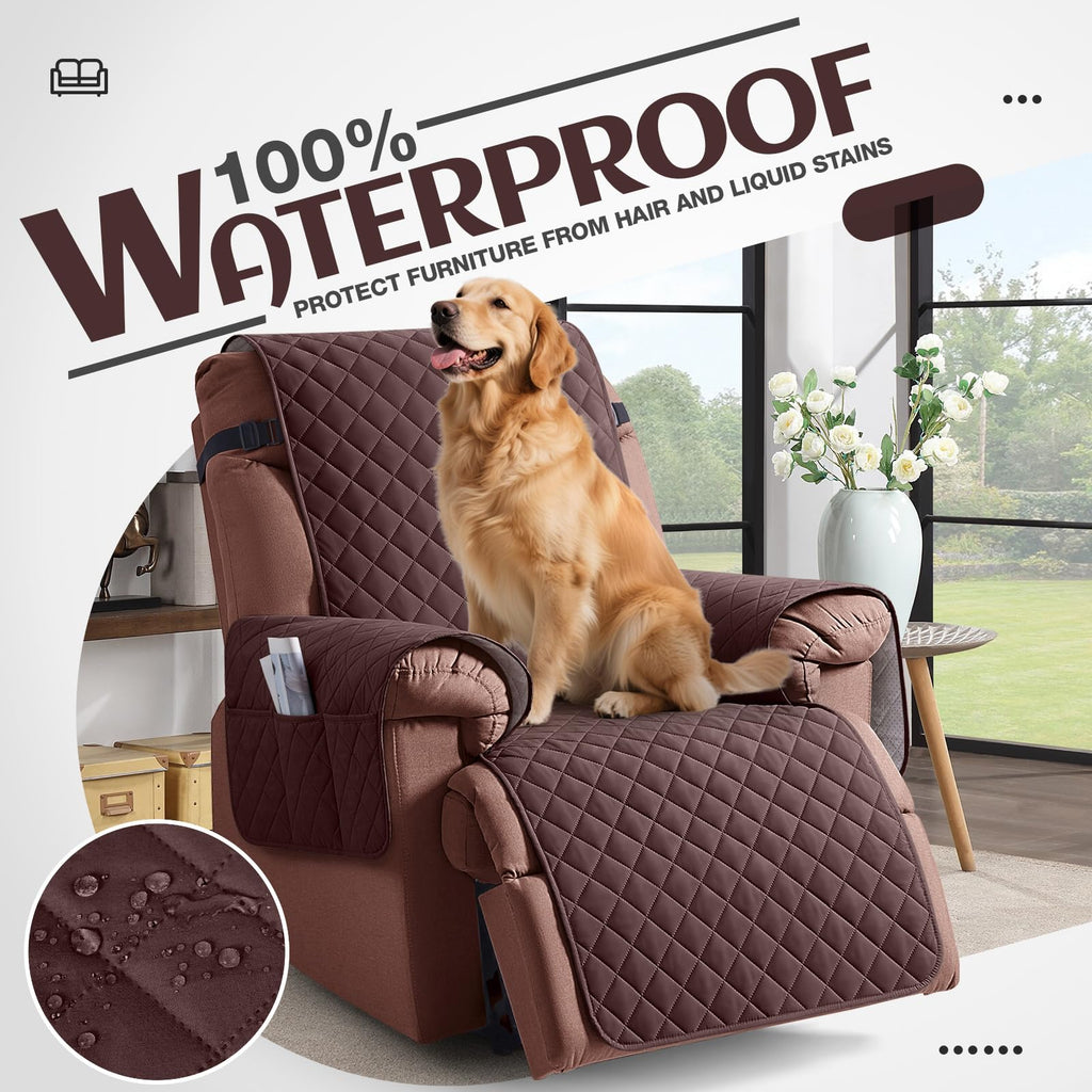KinCam 100% Waterproof Recliner Chair Cover, Reclining Couch Covers for Pets, Dogs, Recliner Couch Slipcover Furniture Protector with Elastic Straps for Kids(23.6", Beige White)
