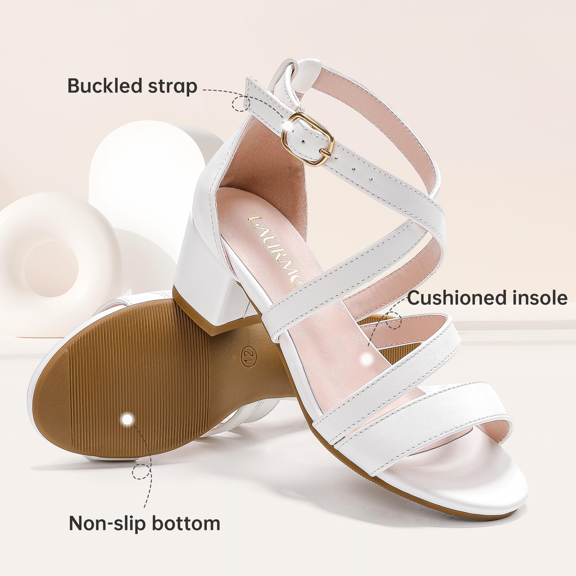 LAURMOSA Girls Sandals Chunky High Heel Strappy Open Toe Ankle Strap Dress Shoes for Little Big Kids in Wedding Party