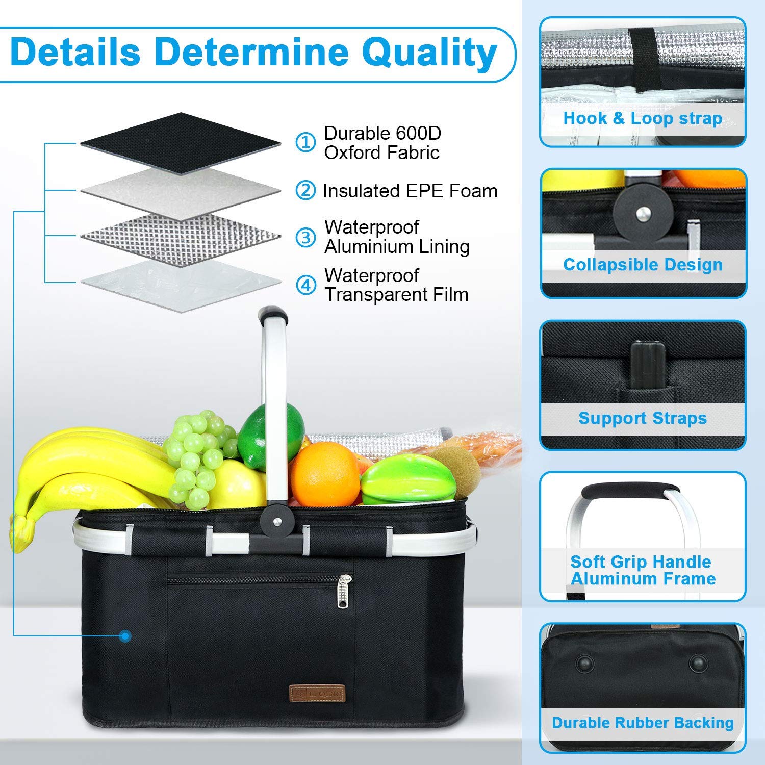 LIQING 35L Large Picnic Basket 2 Layers of Internal Pockets Leak-Proof and Insulated ，Folding with Internal Support for enhansed Stability, Wedding Gifts for Couple(Black)