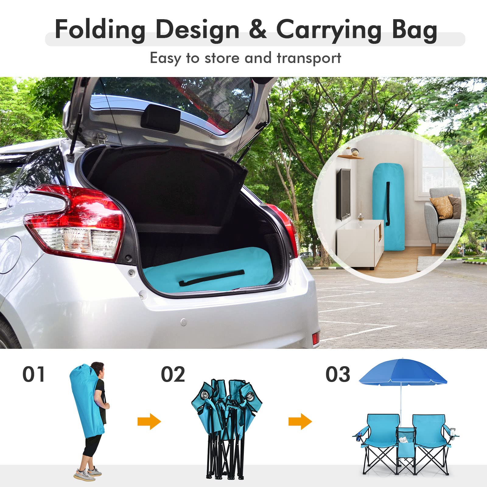 COSTWAY Double Portable Picnic Chairs, Folding Camping Chairs w/Detachable Umbrella, Cooler Bag, Cup Holders, Patio Beach Camping Chairs for Outdoors