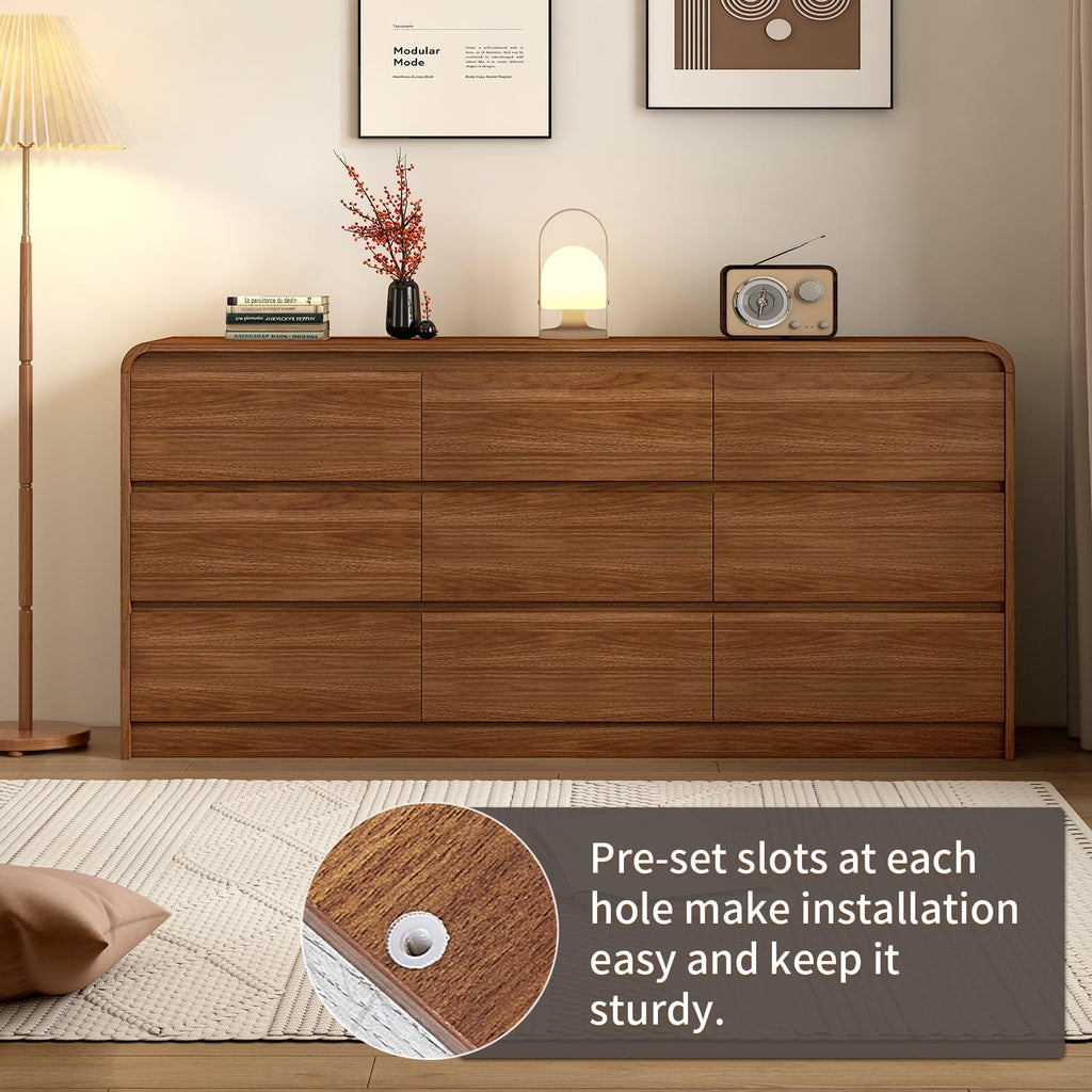 Messenya Modern 6 Drawer Dresser, 47-Inch Wood Chest of Drawers, Curved Anti-Collision Design, Mid-Century Storage Cabinet, Pre-Embedded Slots, for Bedroom, Living Room, TV Stand, Nursery