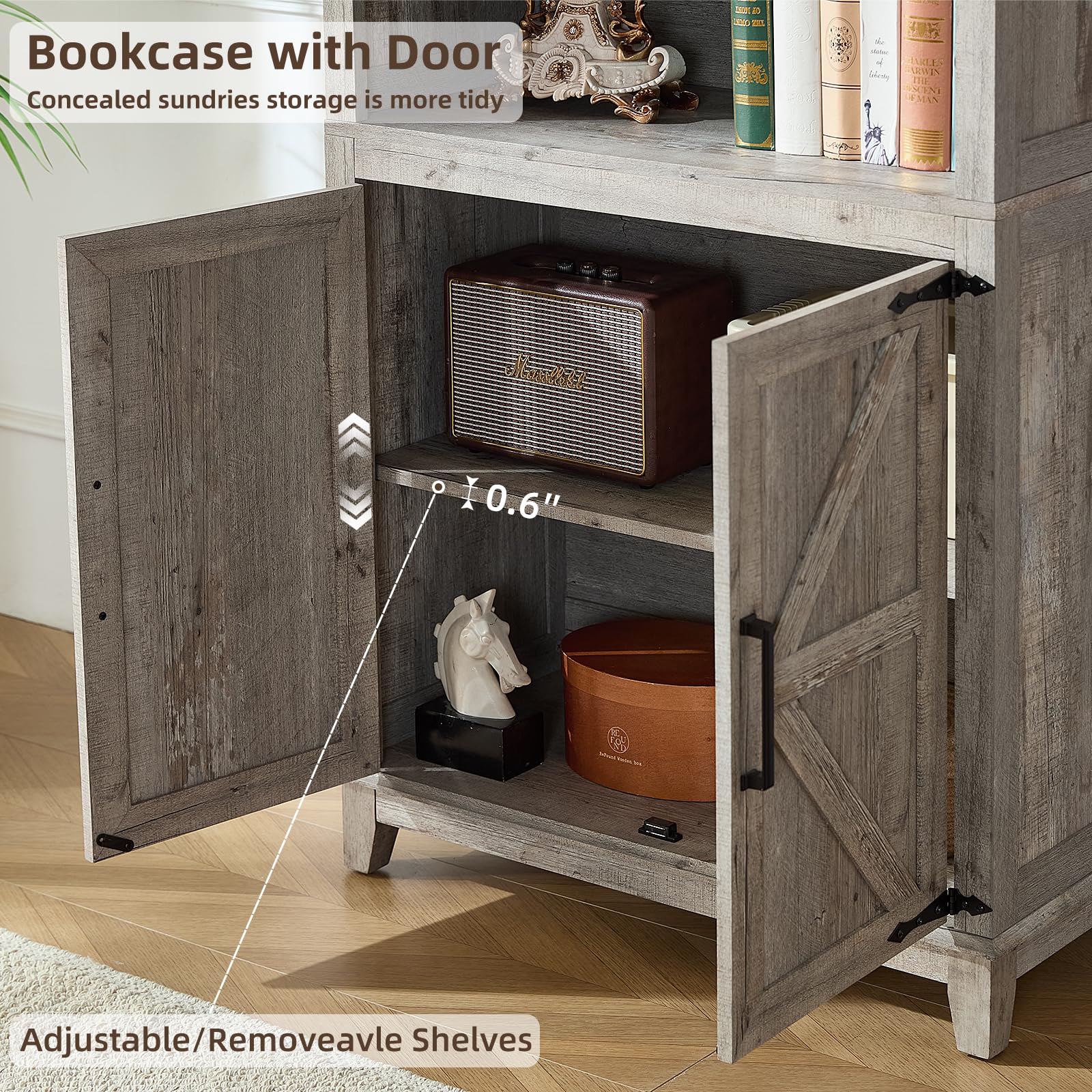 Joaxswe 70in Tall Bookshelf 5 Tier Bookcase with Barn Doors and Adjustable Shelves, Black Farmhouse Book Shelf with Storage Cabinet, Wood Freestanding Display Bookshelves for Bedroom, Living Room