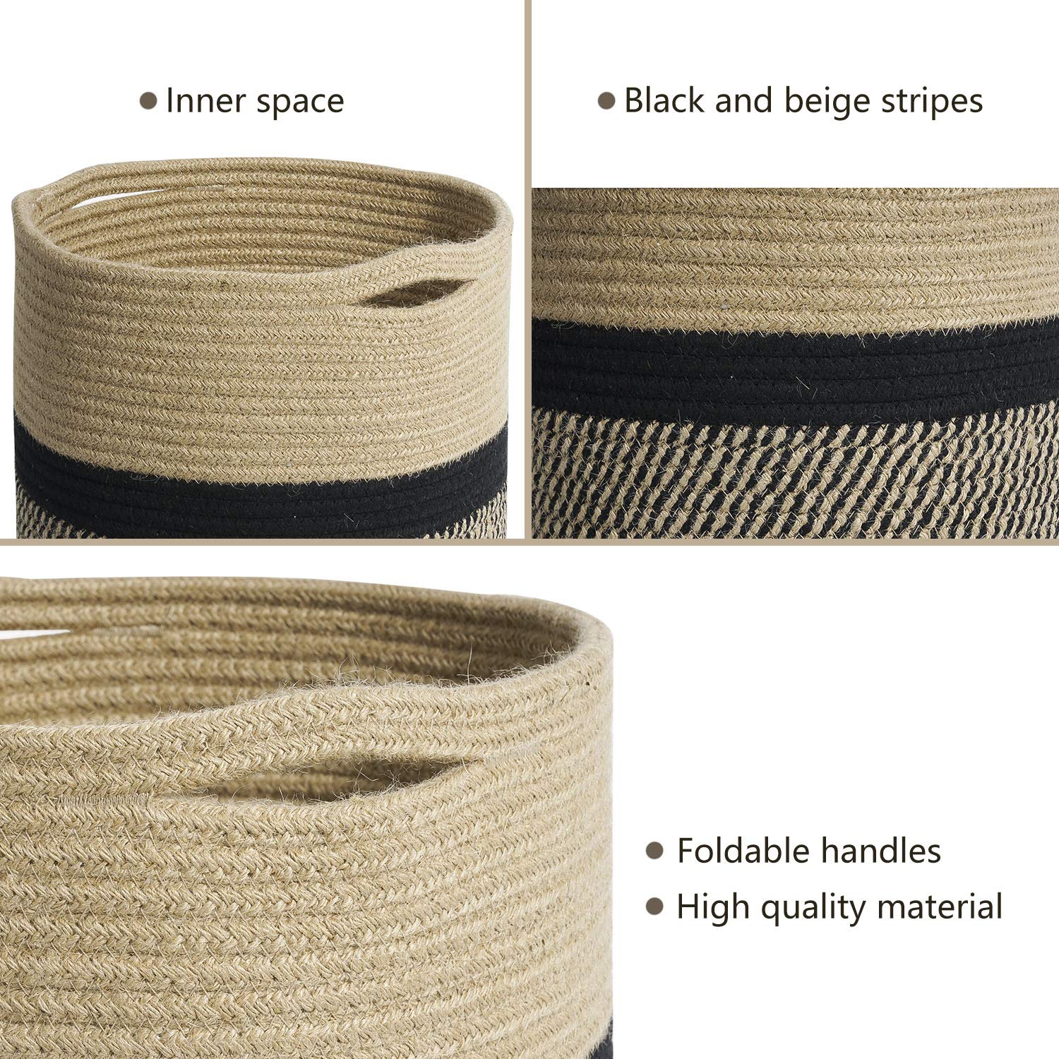 TIMEYARD Sturdy Jute Rope Plant Basket Modern Woven Basket up to 7.5 Inch Flower Pot Floor Indoor Planters, 8” x 8” Storage Organizer Baskets Rustic Home Decor, Black Stripes