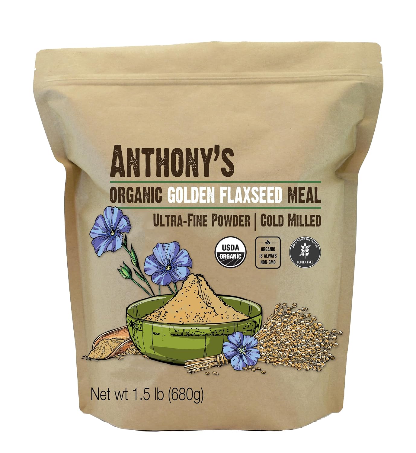 Anthony's Organic Golden Flaxseed Meal, 1.5 lb, Gluten Free, Non-GMO, Vegan, Ground Golden Flaxseed