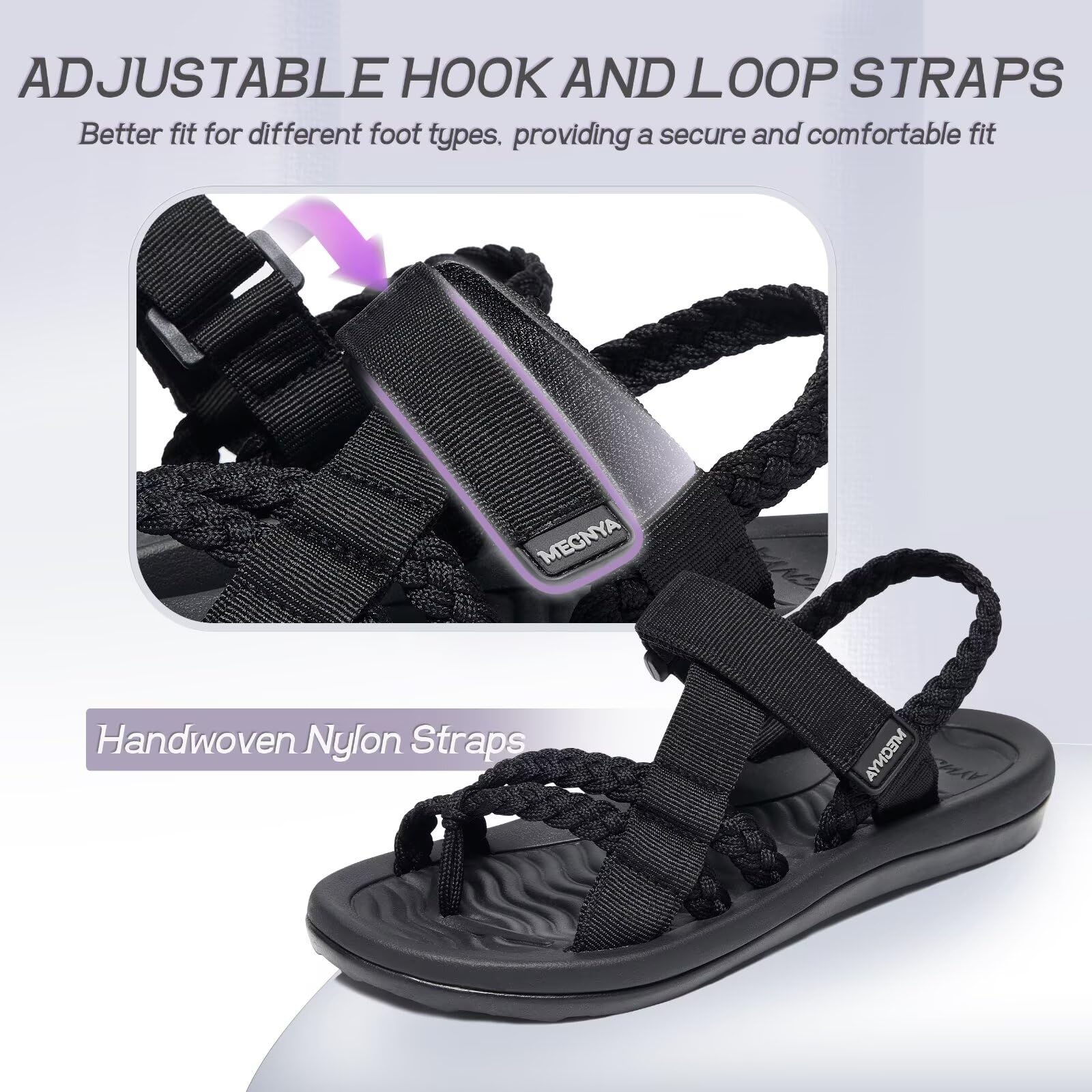 MEGNYA Hiking Sandals for Womens, Comfortable Walking Flip Flop Sandals with Arch Support, Athletic Sandals with Hook and Loop Straps for Beach Vacation Adventure