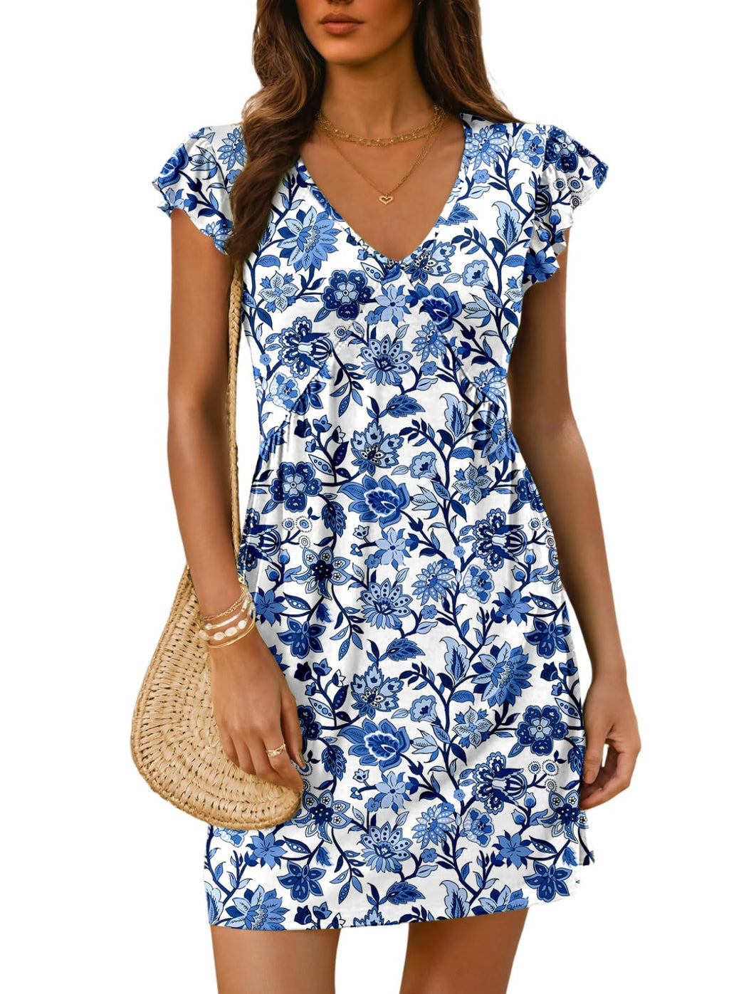 Dokotoo Women's Summer Dresses Beach 2026 Casual Deep V Neck Loose Sundress Ruffle Sleeve Mini Dress