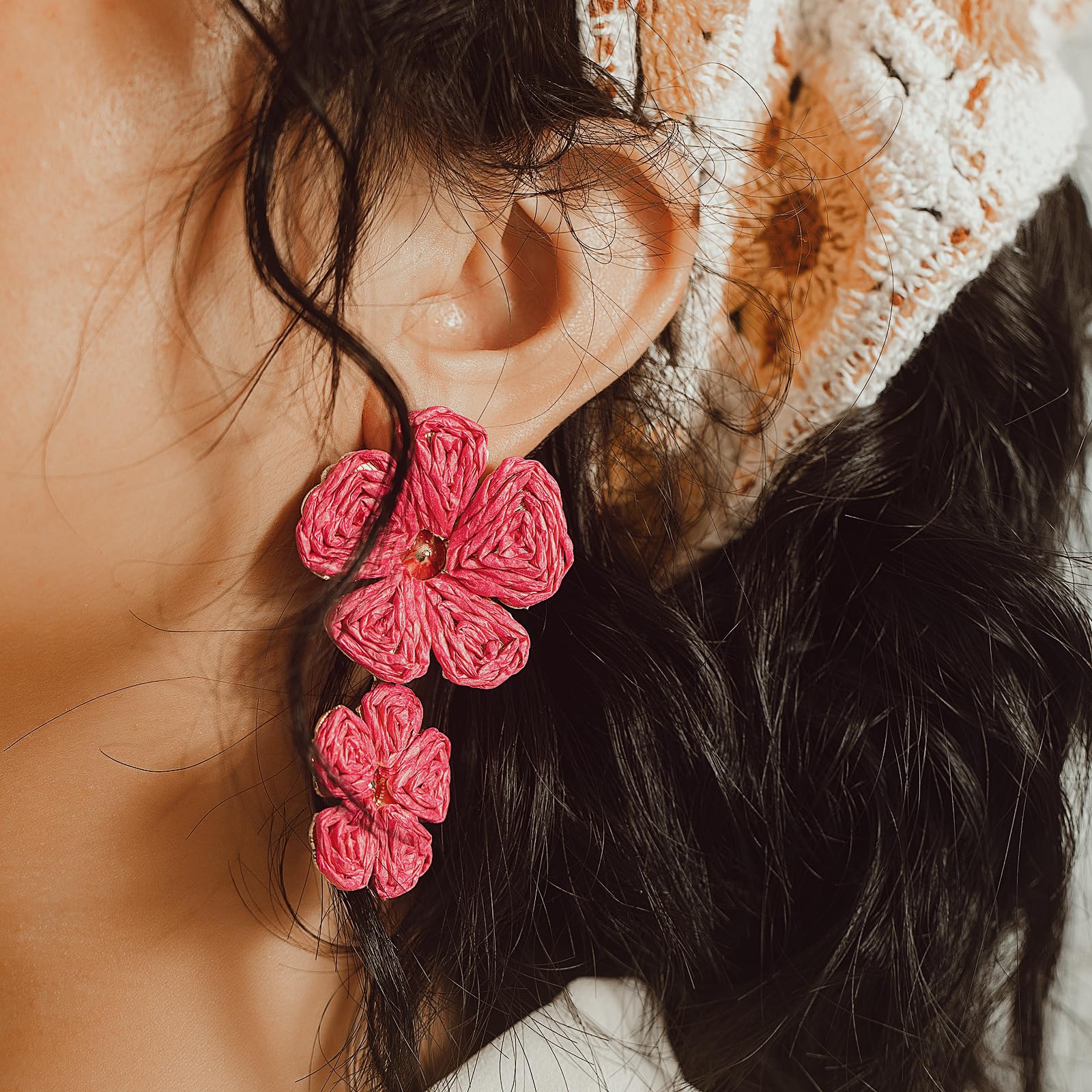 Boho Flower Earrings Statement Raffia Dangle Earrings Cute Floral Jewelry Trendy Summer Beach Vacation Outfits for Women