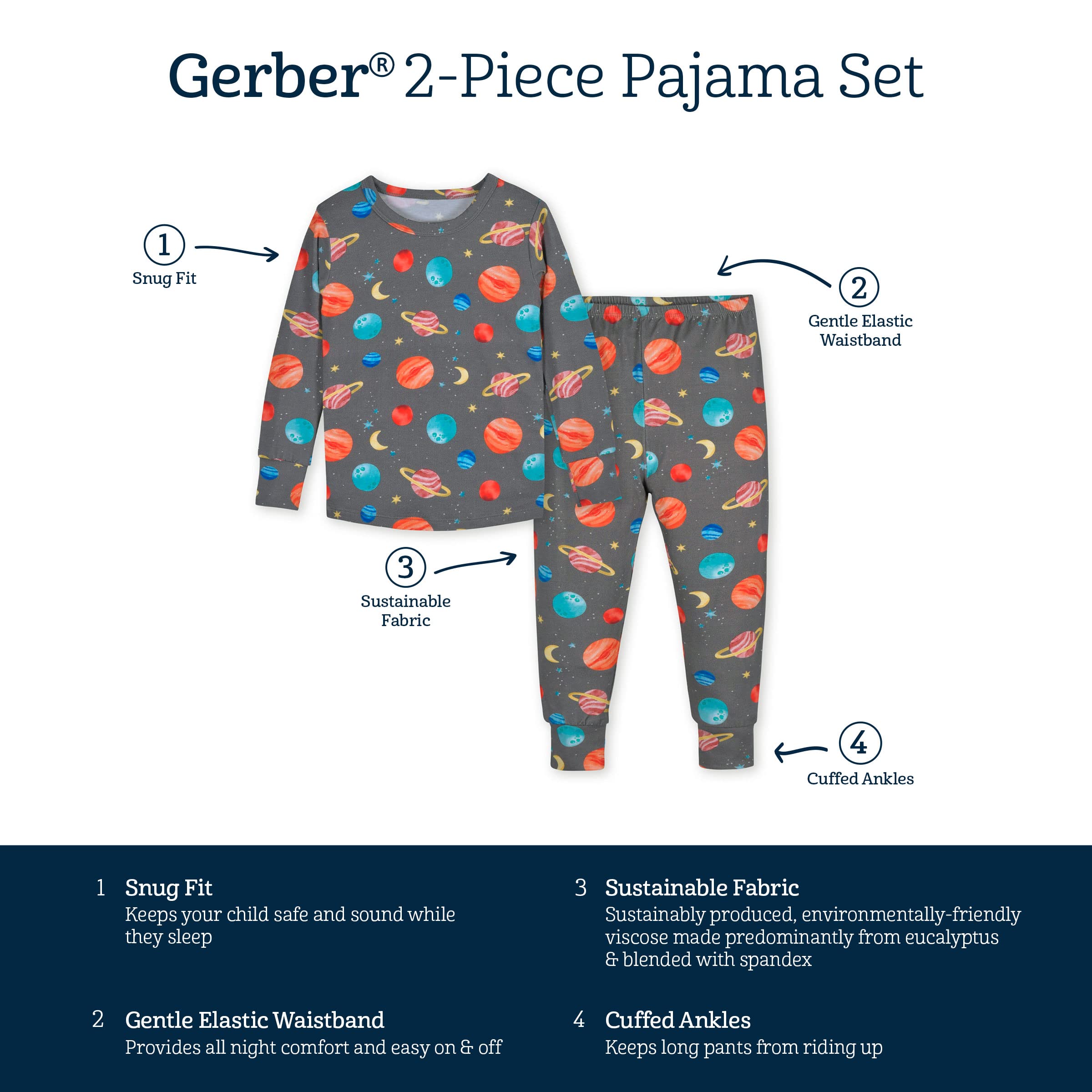 Gerber Unisex Baby Toddler Buttery Soft 2-Piece Snug Fit Pajamas with Viscose Made from Eucalyptus