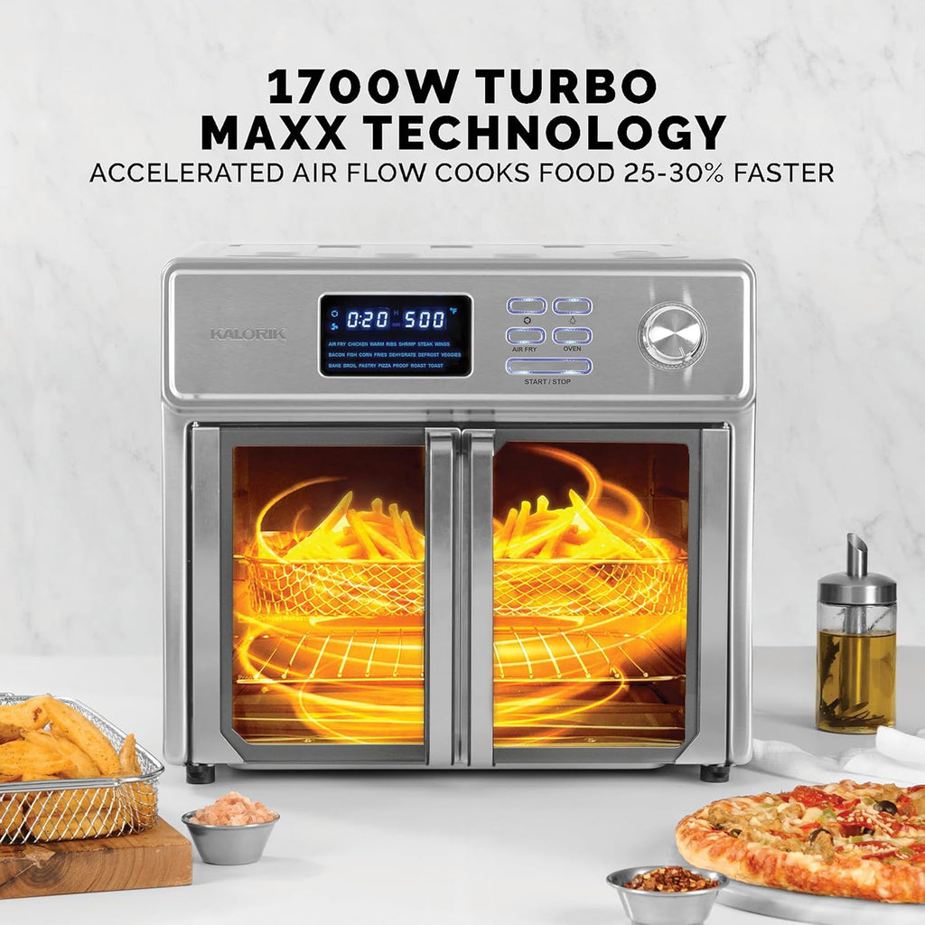 Kalorik MAXX® Digital Air Fryer Oven, 26 Quart, 10-in-1 Countertop Toaster Oven & Air Fryer Combo-21 Presets up to 500 degrees, Includes 9 Accessories & Cookbook, 26-Quart, Stainless Steel