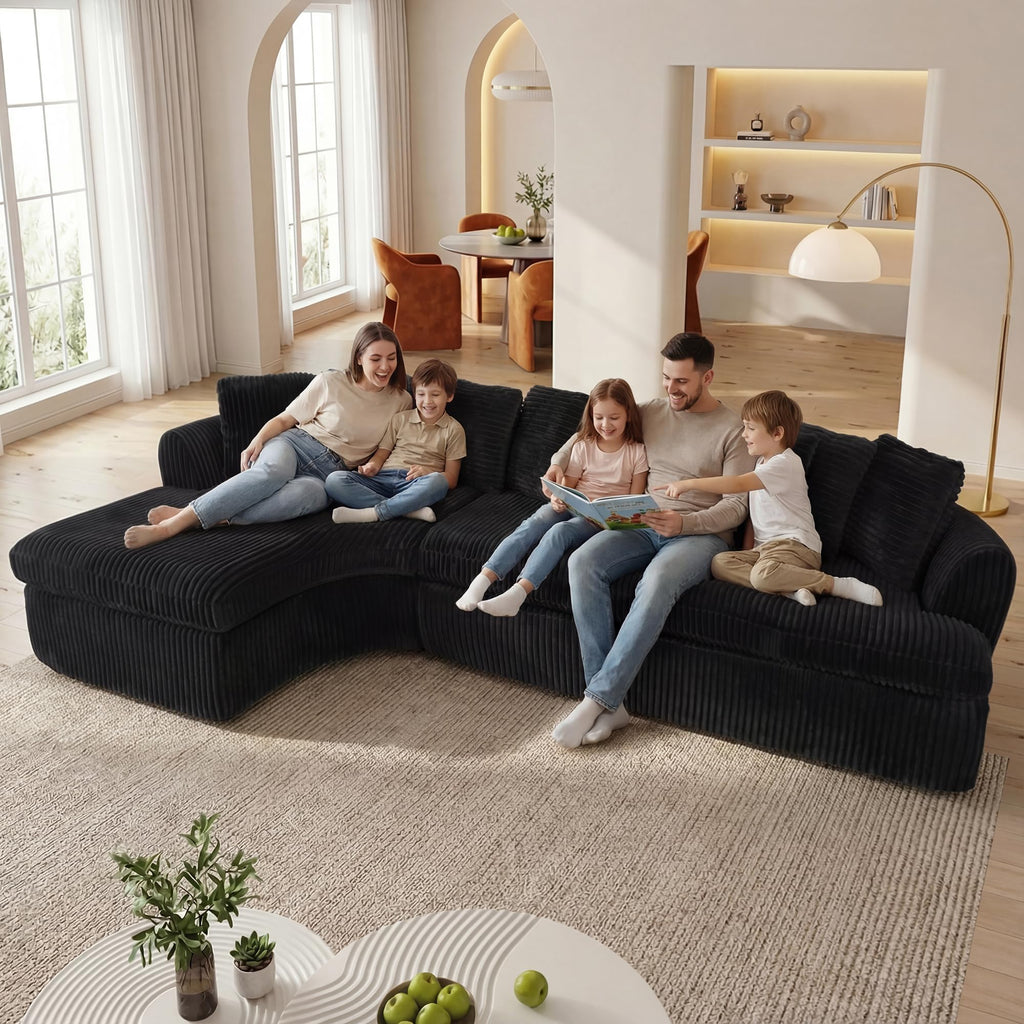 129'' Cloud Sectional Couches for Living Room, Oversized L Shaped Couch, Curved Boneless Sofa, Corduroy Upholstered Corner Sofa, Black