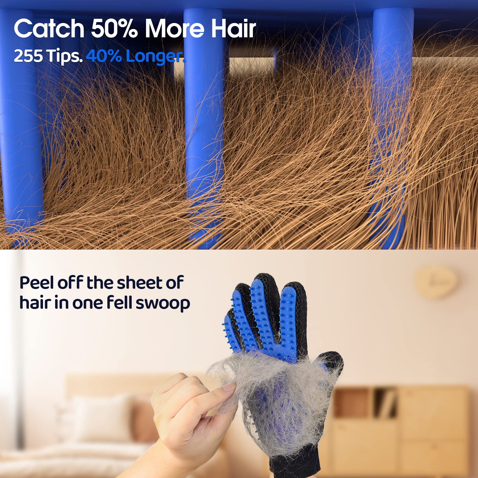Upgrade Efficient Pet Hair Remover Gloves - Gentle Shedding Brushes for Dogs, Cats & Horses with Long and Short Hair - 1 Pair (Blue)